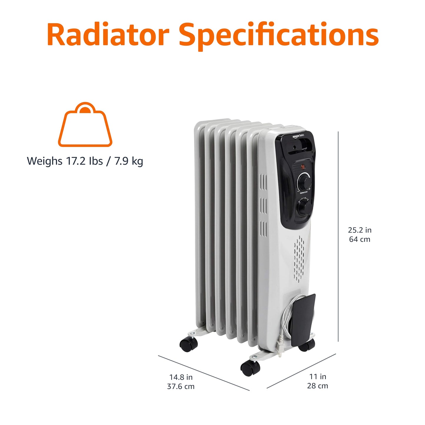 Amazon Basics Portable Oil Radiator Heater, Indoor Use, 3 Heat Settings, Over-Heat Protection, ETL-certified Safety, 7 Oil-Filled Steel Fins, 1500W, Tip-Over Protection, 11"D x 14.8"W x 25.2"H, White
