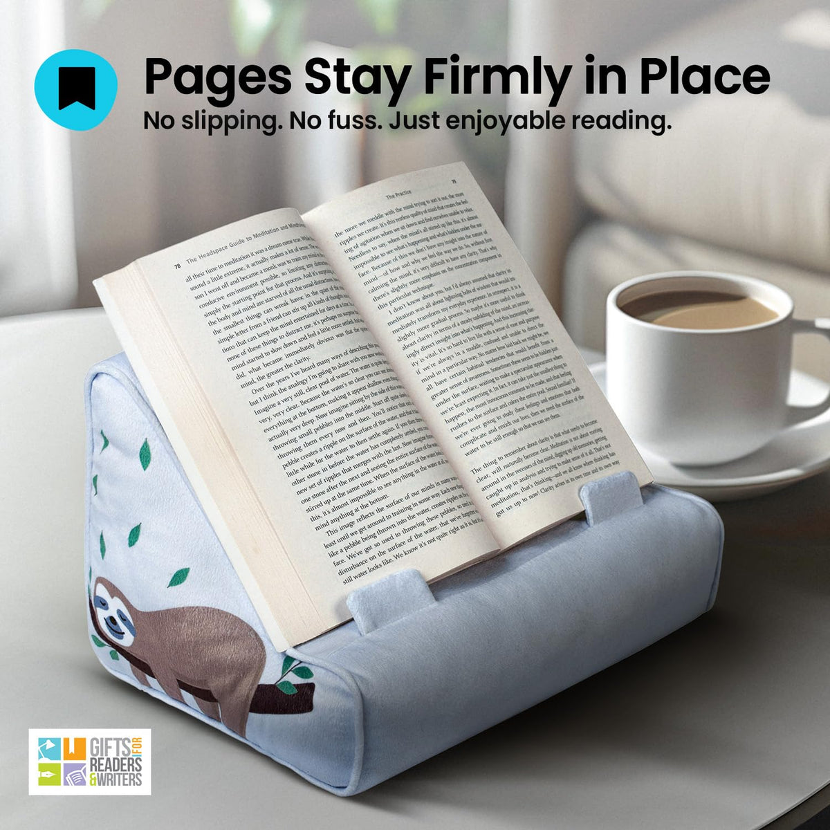 Gifts for Readers & Writers Book Pillow Tablet Stand for Bed Sloth - Premium Cushioned Book Holder for Hands Free Reading, Stylish Tablet Holder for Bed, Kindle Pillow Stands & Lap Ipad Holders