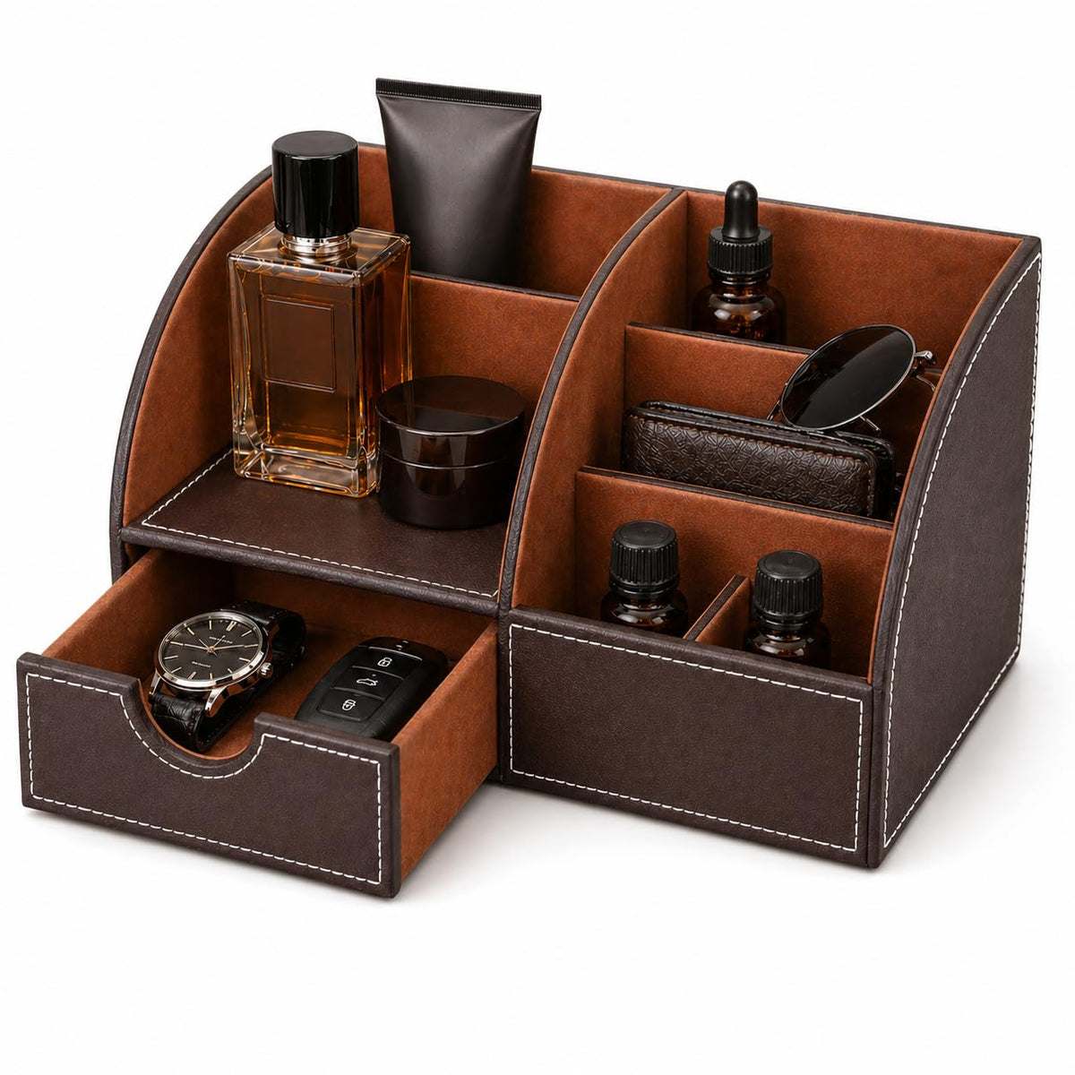 KINGFOM Cologne Organizer for Men, PU Leather Dresser Organizer with Drawer, Countertop Cologne Holder for Watch, Wallet, Keys, Sunglasses, Bathroom Bedroom Nightstand Organizer, Gifts for Men Brown