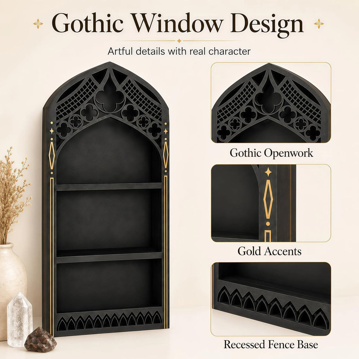 HBSGS Gothic Window Crystal Display Shelf, 1.96" Deep Wooden Wall Mounted Gemstone Crystal Holder, Witchy Decor Trinket Organizer for Healing Stones -2026 Upgraded (Window-7.9" W x 15.7" H)