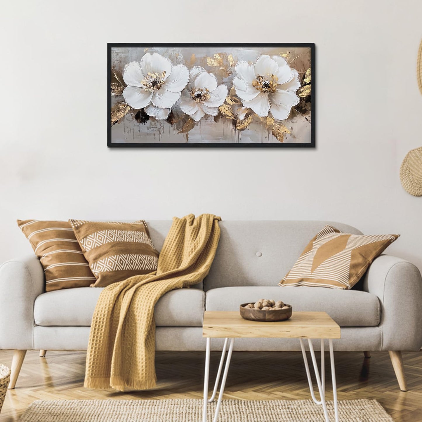 Large Framed Cream White and Gold Abstract Floral Paintings Modern Canvas Wall Art Flower Print Artworks for Home Office Decor