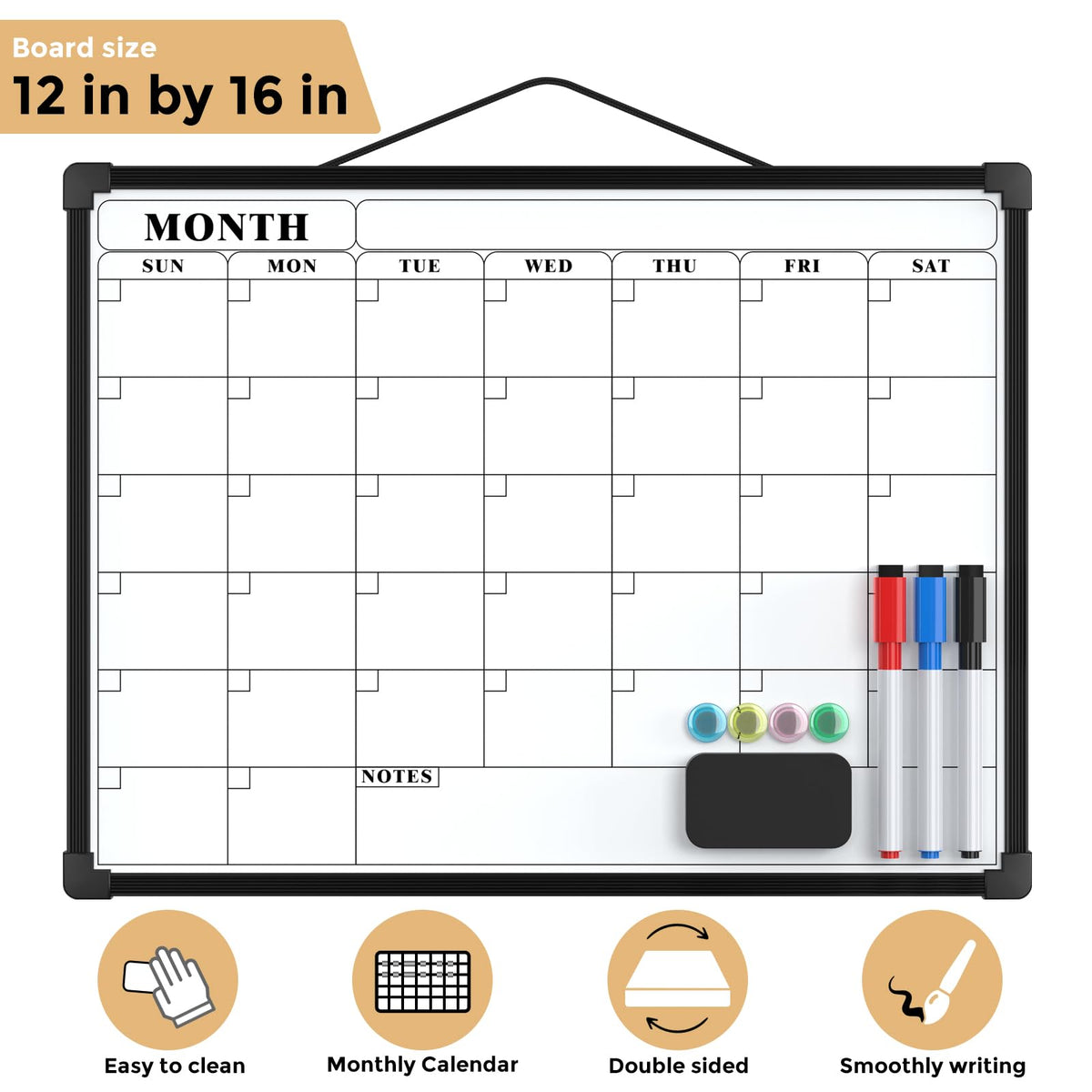 MaxGear Monthly Calendar Dry Erase Board for Wall, 16"x12" Small Hanging Double-Sided White Board, Portable Whiteboard for Planning, Drawing, Memo, to Do List, School, Home, Office, Black Frame