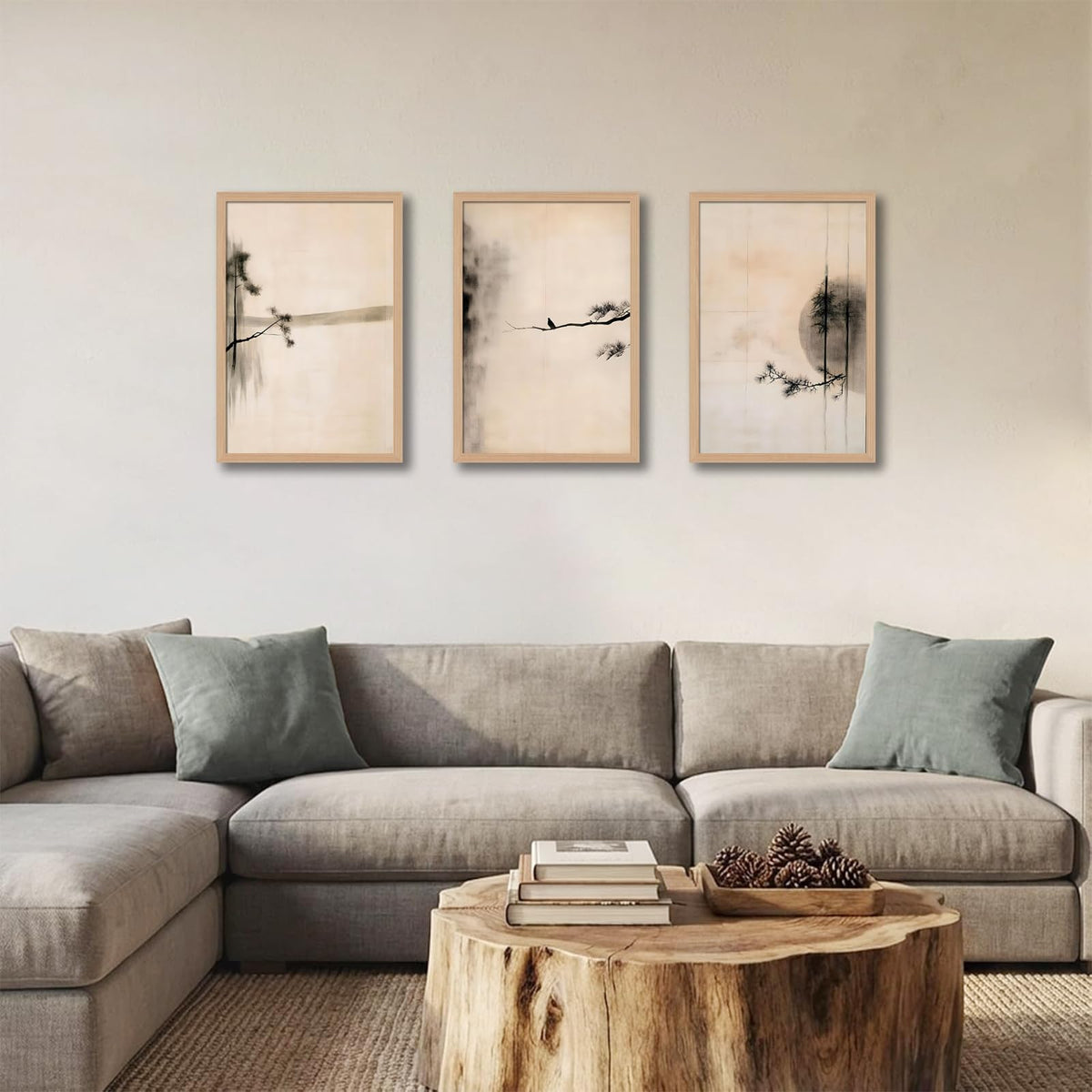 skysoon Minimalist Zen Wall Art Set of 3, Abstract Ink Landscape Canvas Prints, Neutral Pine Tree and Bird Artwork, Modern Japanese Scandinavian Wall Decor for Living Room Bedroom Office 16x24 Inch