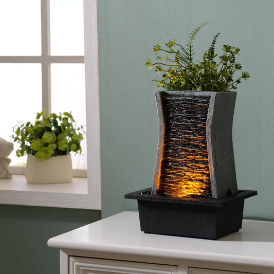 GOSSI Tabletop Water Fountain with LED Lights, Indoor Waterfall Fountain for Home Office Bedroom Decor, Includes Plastic Pots for Plant Growing, Relaxation Desk Accessory (24285)