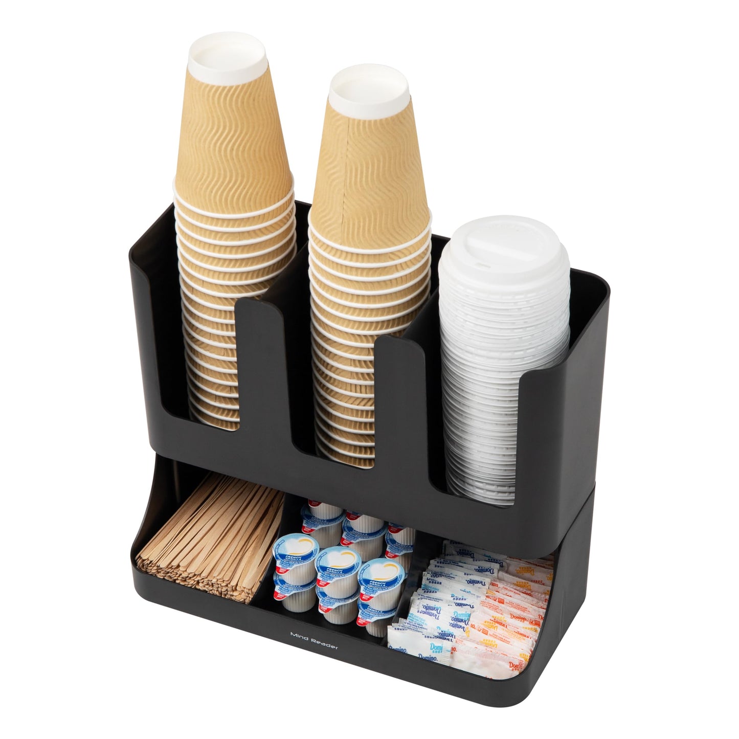 Mind Reader Cup and Condiment Station, 13 Inch Countertop Coffee Bar Organizer with 6 Compartments, Storage Caddy for Cups, Lids and Packets, Plastic, Black