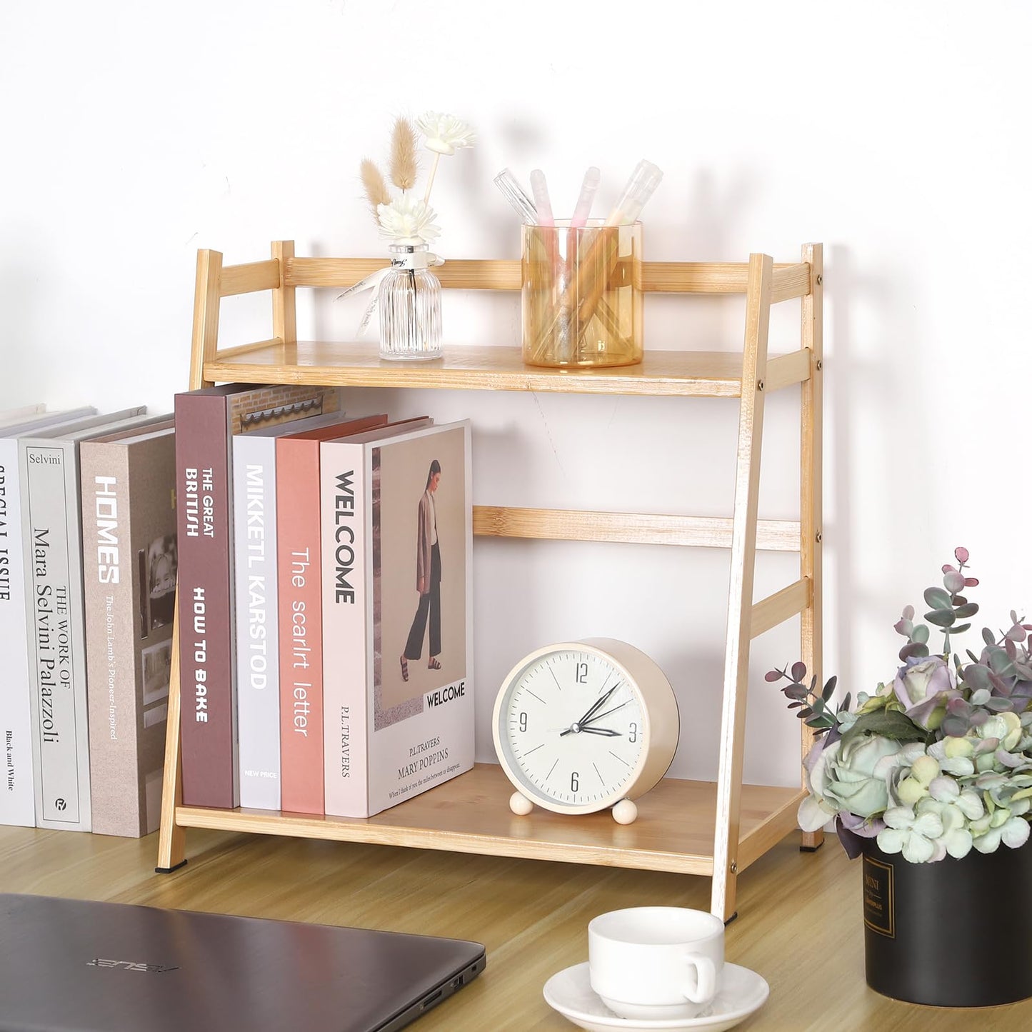 Fengzhizhu 2-Tier Ladder Desktop Bookshelf, 15.75" Wide Wooden Countertop Storage Hutch for Office, Dorm and Home, Desk Organizer for Books and Decor