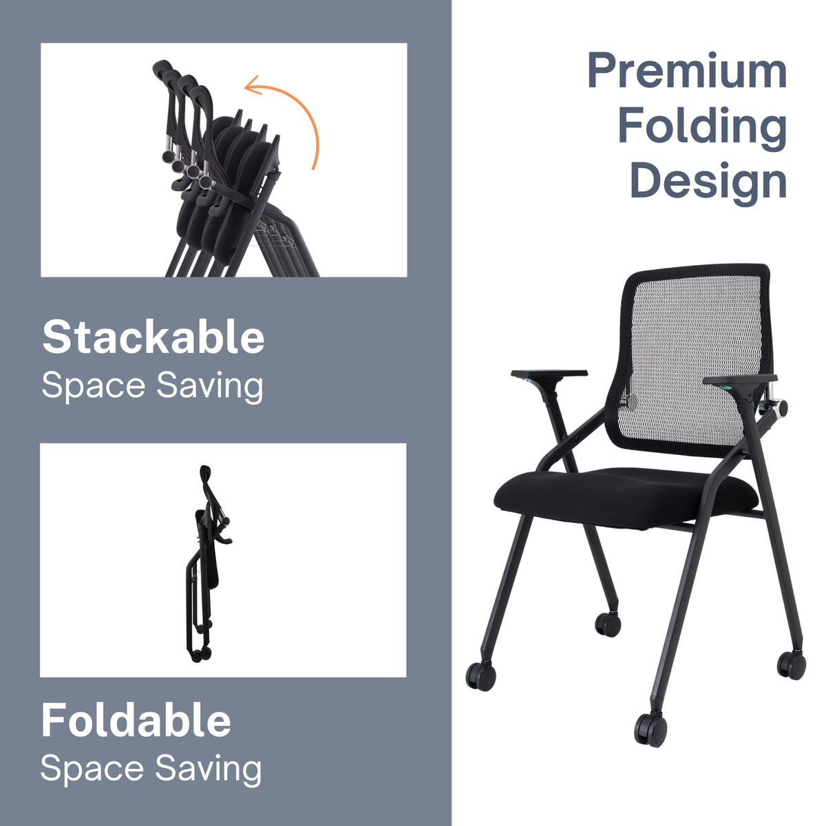 BLANEDUO Updated Conference Room Chairs, Folding Office Desk Chair with Lumbar Support and Sliding Armrest with Casters, Stackable Office Guest Chairs & Reception Chairs, 1 Pack Black