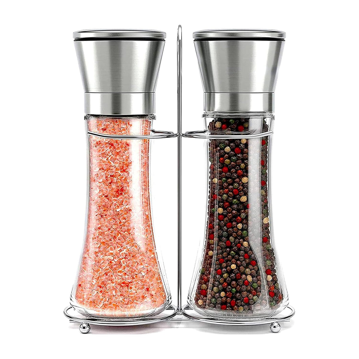 Willow & Everett Salt & Pepper Grinder Set with Stand - Stainless Steel Manual Mills & Holder with Adjustable Coarseness, Refillable Design for Peppercorns & Rock Salt Sold Separately