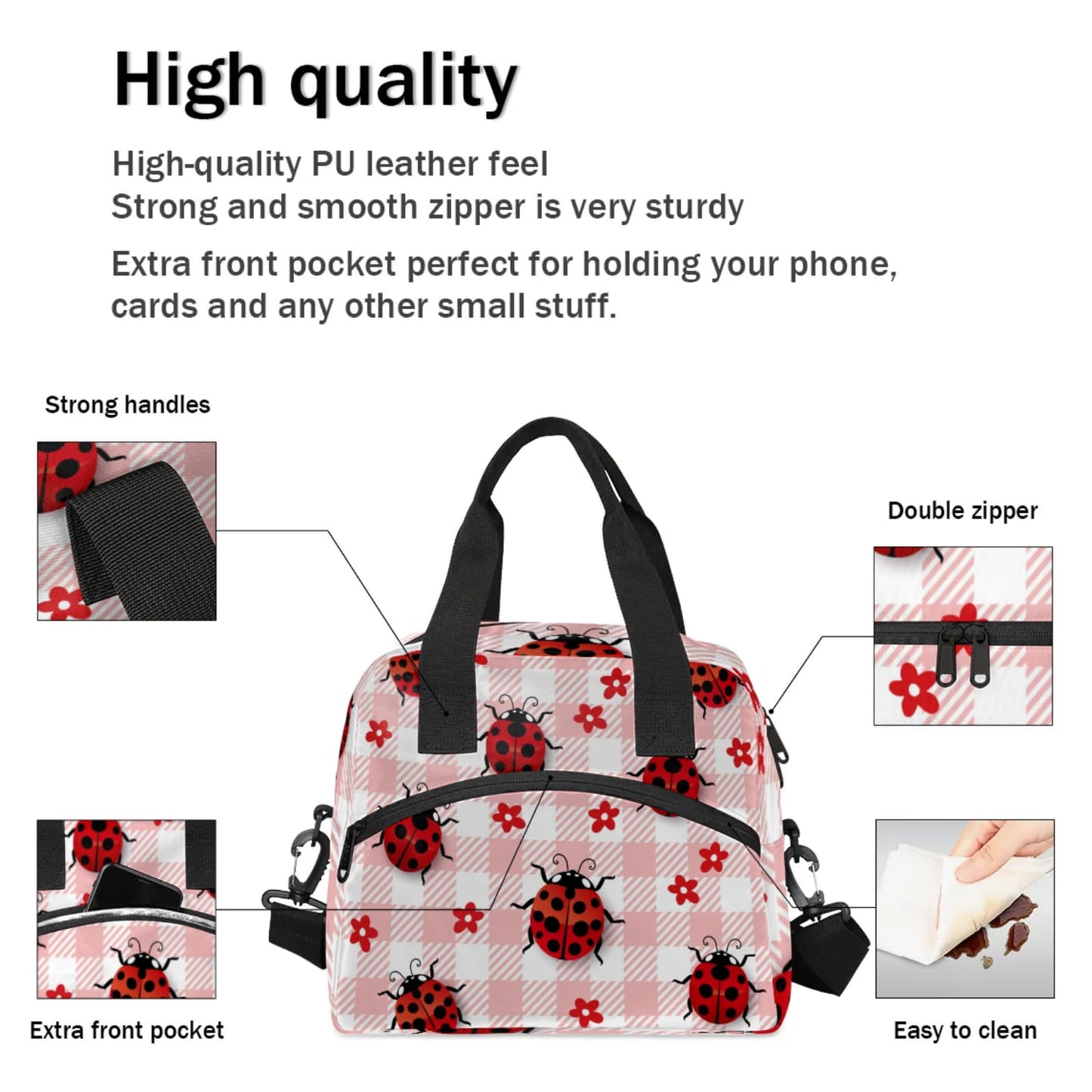 Eizlang Coccinella Septempunctata Insulated Lunch Bag for Women Men Reusable Cooler Lunch Box Freezable Tote Lunch Bag Organizer with Adjustable Shoulder Strap for Work