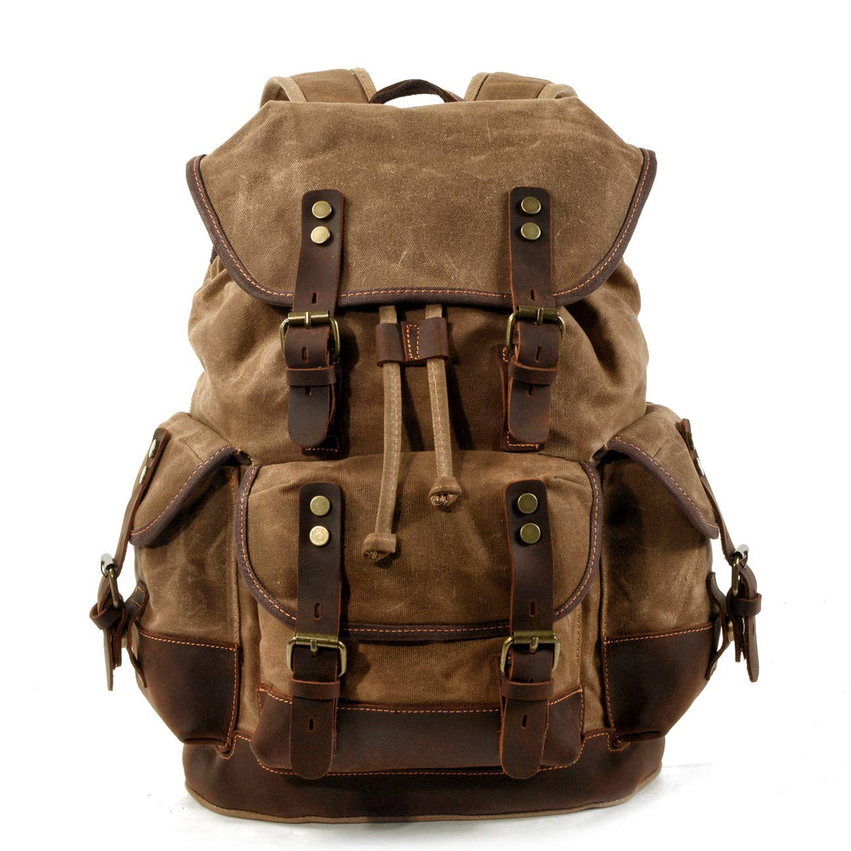 WUDON Men Travel Backpack, Genuine Leather-Waxed Canvas Shoulder Hiking Rucksack (Khaki)