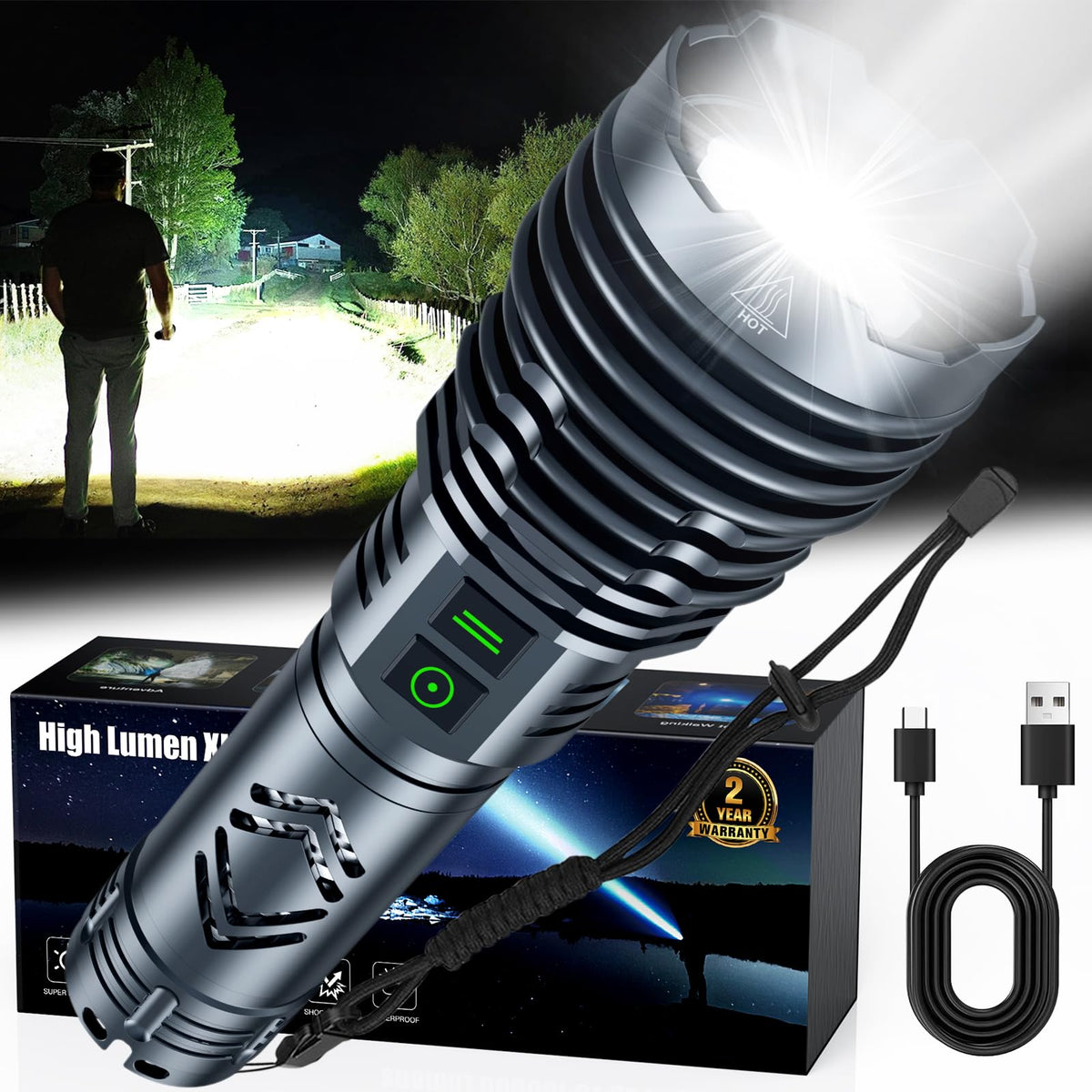 baibian [24H Long Life] High Power 155,000 Lumens Rechargeable Flashlights, Super Bright Tactical Flashlight with 1200m Ultra-Long Beam, XHP160.6 LED Light for Emergency, Camping, Gifting