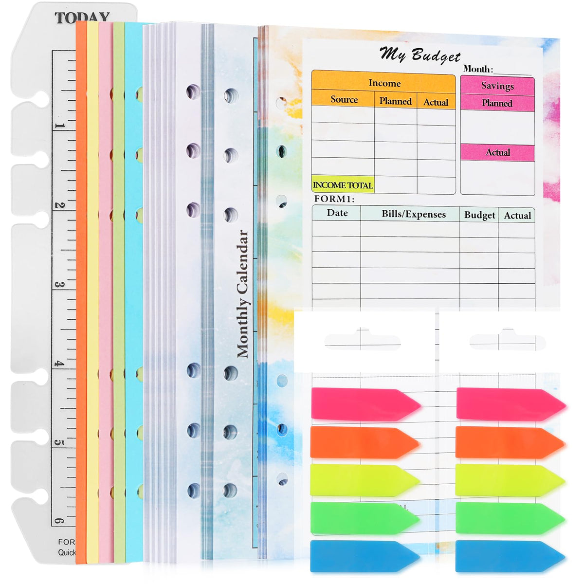 Toplive 7 Pack A5 Planner Inserts Monthly Weekly Planner Refills Paper 6 Ring Expense Budget Sheets with Cash Envelopes Divider Ruler Stickers, for A5 Planner Binder Cover, Colorful