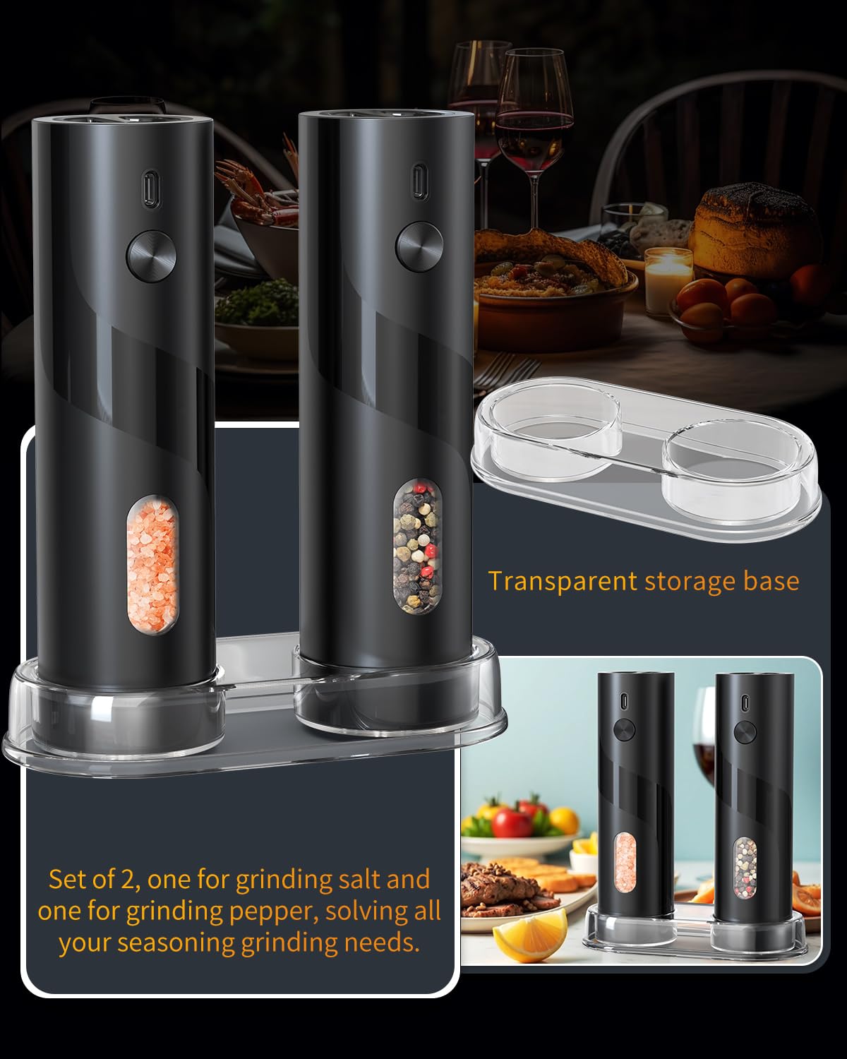 CIRCLE JOY Rechargeable Electric Salt and Pepper Grinder Set with Base, Automatic Pepper Mill Grinders with 110ml Container, Adjustable Coarseness and White LED Light, Black