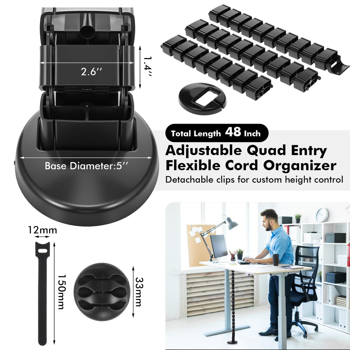Yaomiao 4 Pack Under Desk Vertebrae Cable Management Kit Standing Desk 48'' Adjustable Quad Entry Flexible Cord Organizer with Ties, Stick-on Clips Cable Management Set for Home User Office Worker