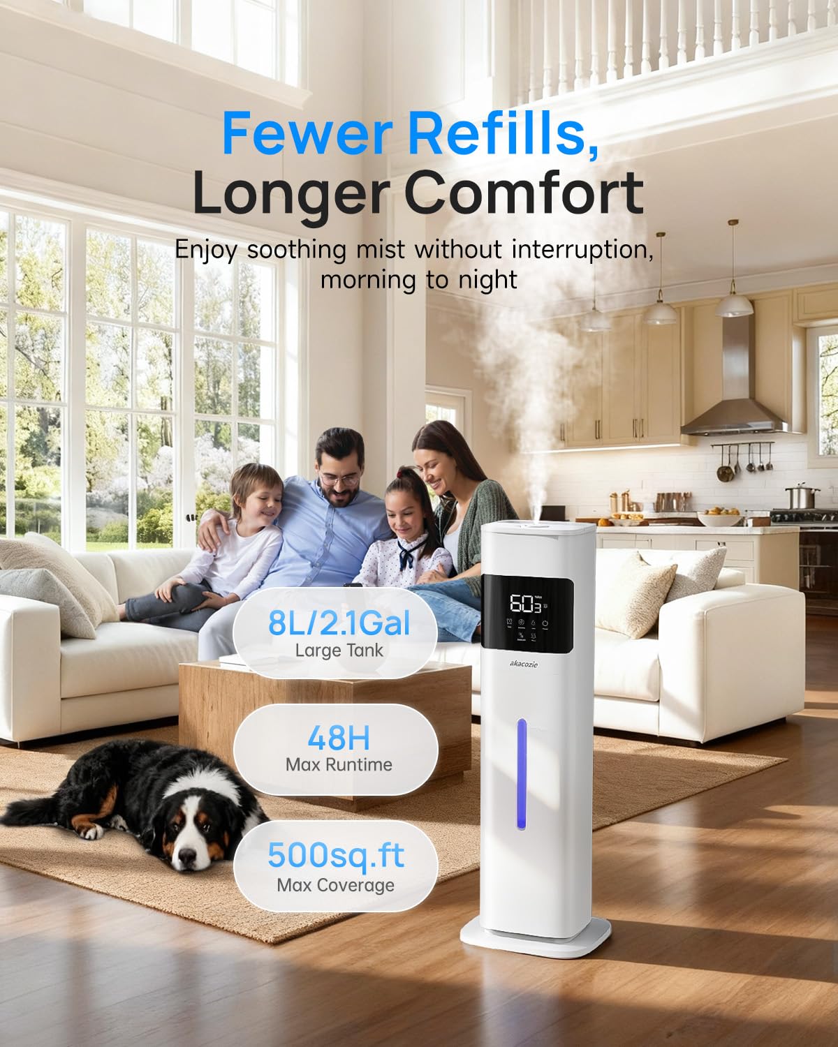 Akacozie Warm & Cool Mist Humidifiers for Bedroom 500 sq ft, 2.1Gal/8L Top-Fill Humidifier Large Room with Essential Oil Diffuser, Large Room Humidifiers for Home Baby Nursery Office Plants, White