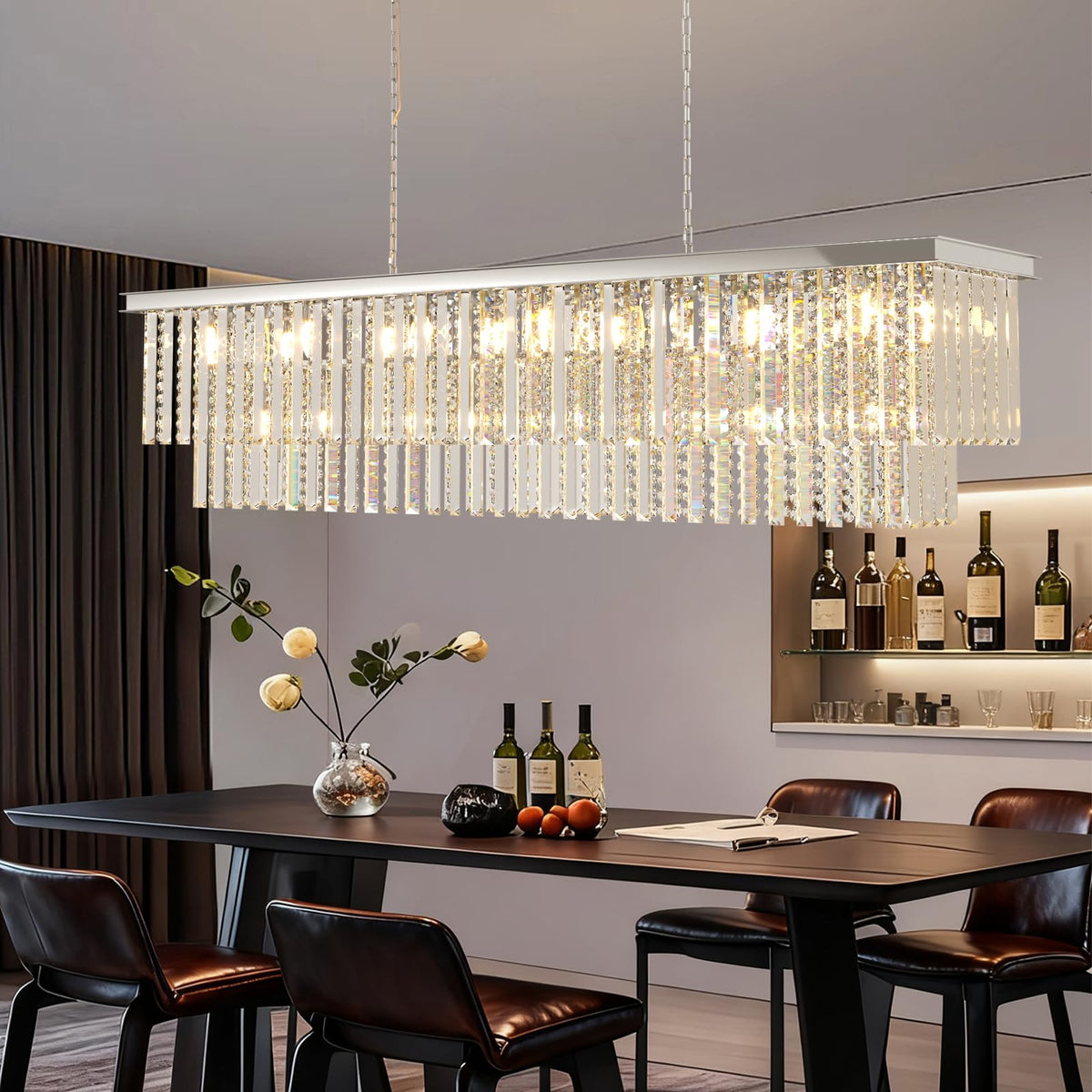 Arotikee Luxury Rectangular Crystal Chandelier for Dining Room, 55" Modern Chrome Linear Chandelier Over Table, Statement Lighting for Kitchen Island & Living Room