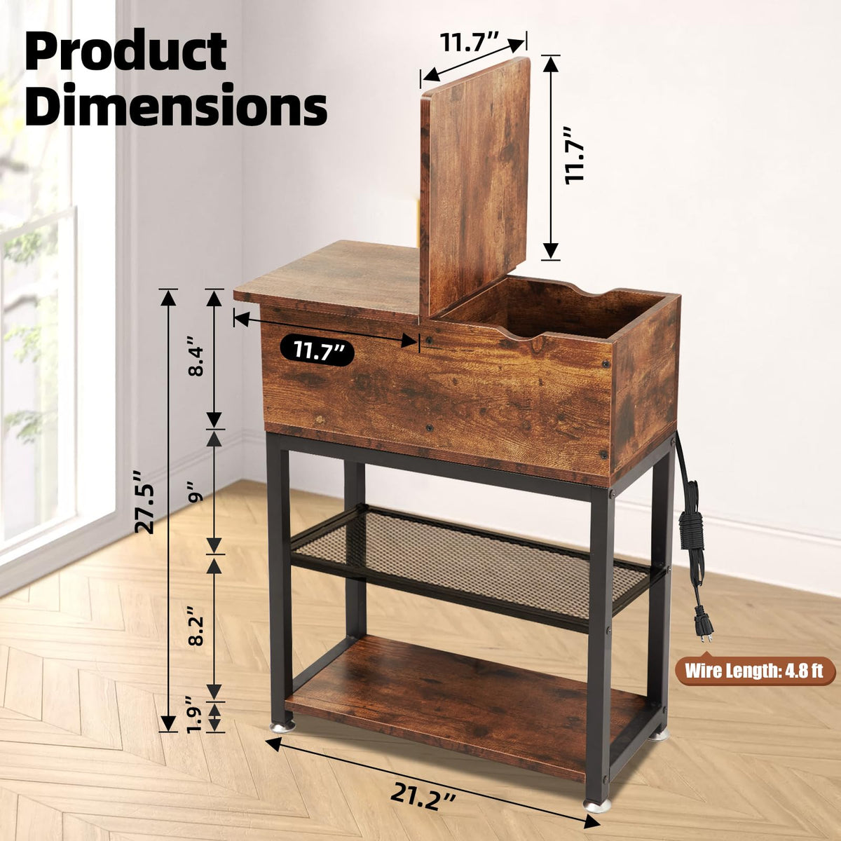 End Tables for Living Room, 28 inch Tall Side Table, End Tables with USB Ports and Outlets, 8.4" Super Deep Drawer, Flip Top End Table with Charging Station, Sturdy Steel X-Shaped Frame, Holds 216lbs