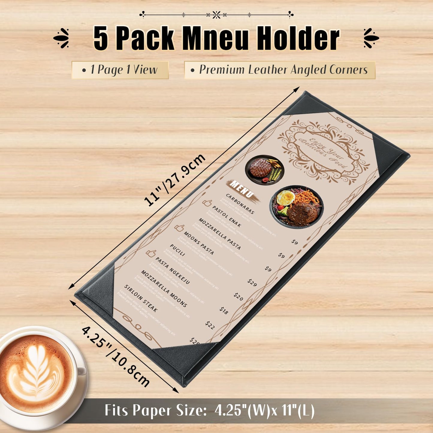 FLKQC Menu Covers 4.25" x 11" – 5 Pack 1 View Black PU Leather Restaurant Menu Holders, Single Panel with Angled Corners for Food Menus, Wine Lists & Drink Specials & Cocktail, Perfect for Parties