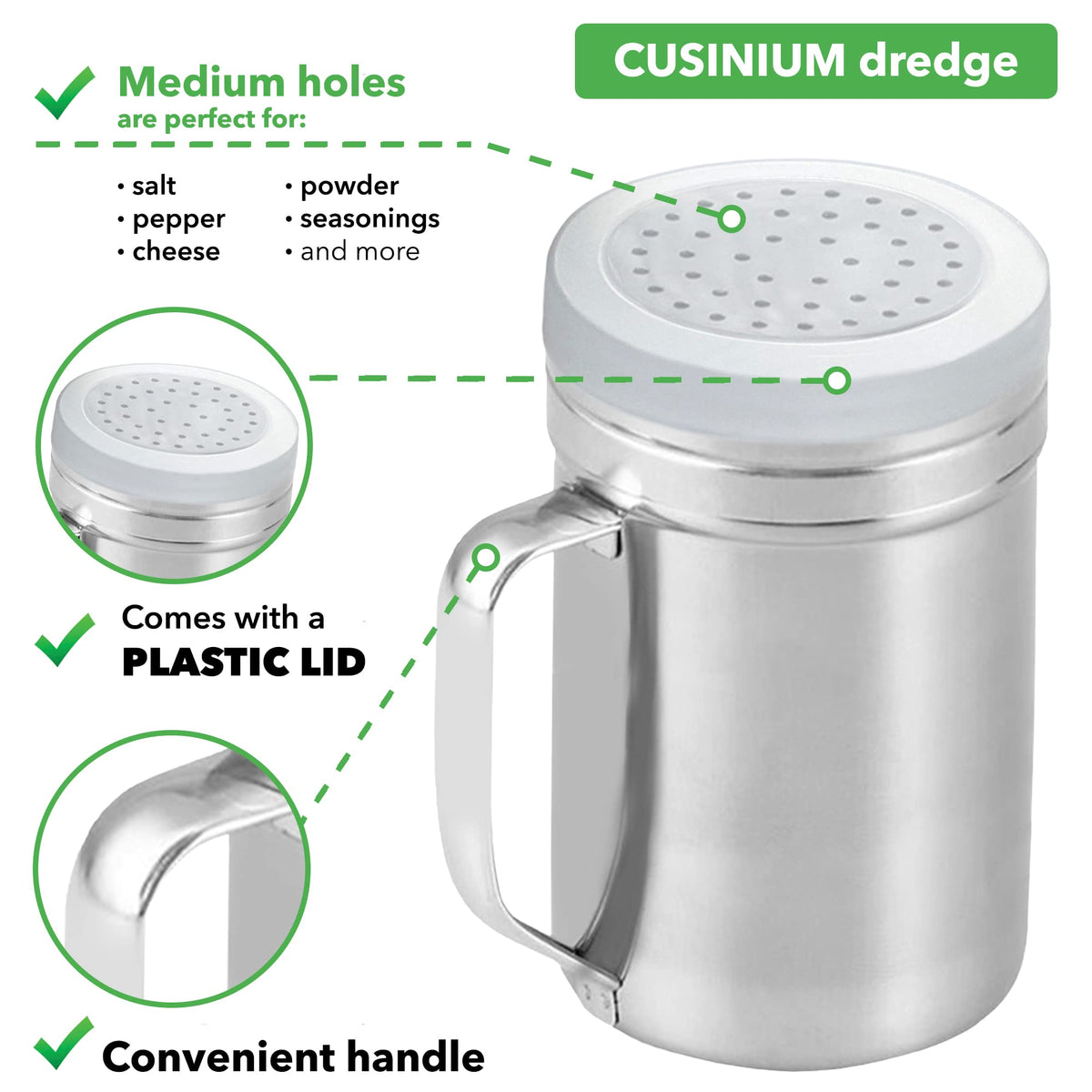 CUSINIUM Large Metal Salt Pepper Cooking Dredge Shakers - With Handle - Seasonings Spice Shakers With Holes and Lids - 14 Ounce, 2pcs | Style: Medium