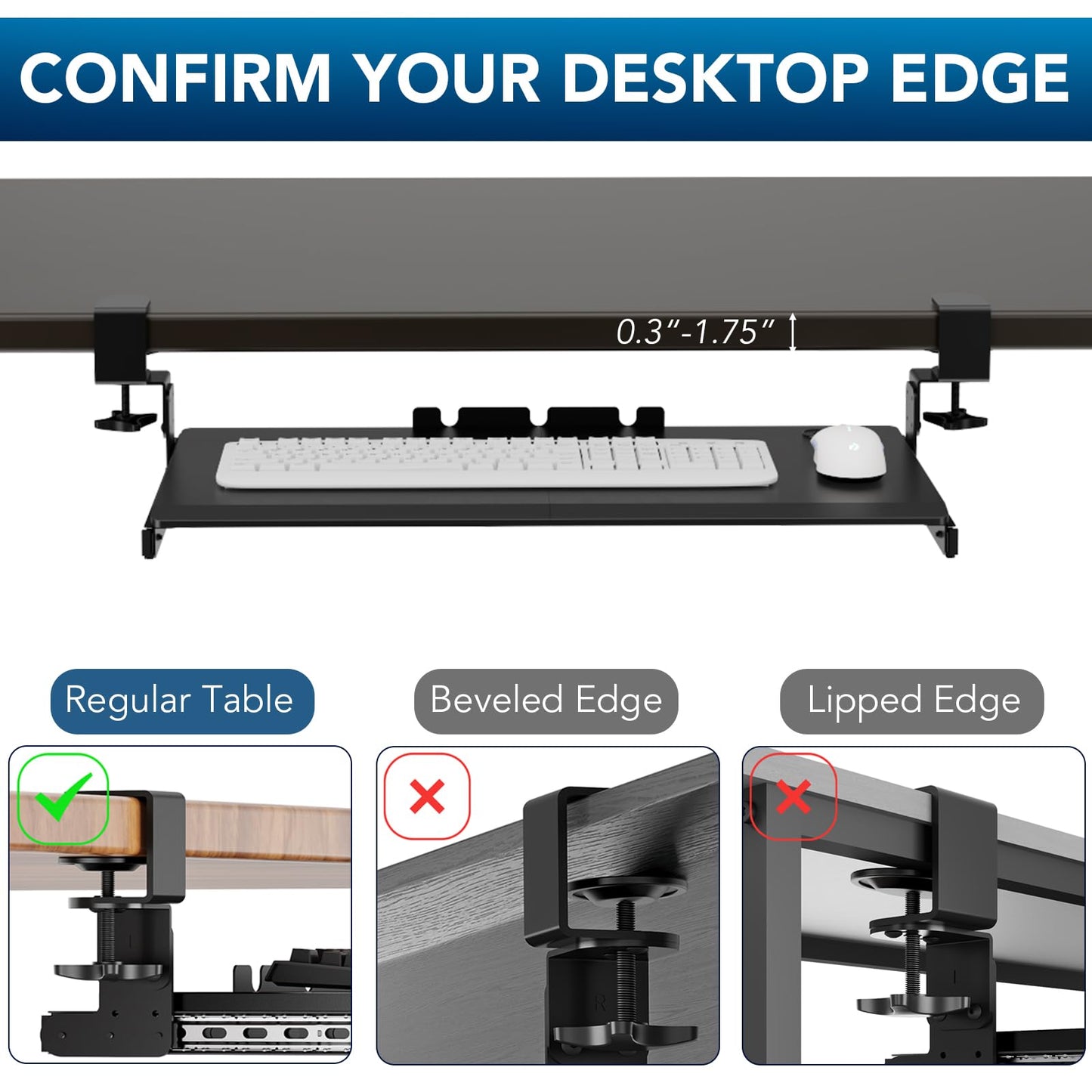 AX WABER Keyboard Tray Under Desk Pull Out with Extra Sturdy Adjustable C Clamp Mount System, 27.3 (32.5 inch Including Clamps) x 11 Inch Slide-Out Platform Computer Drawer for Typing, Black,AX01WB01
