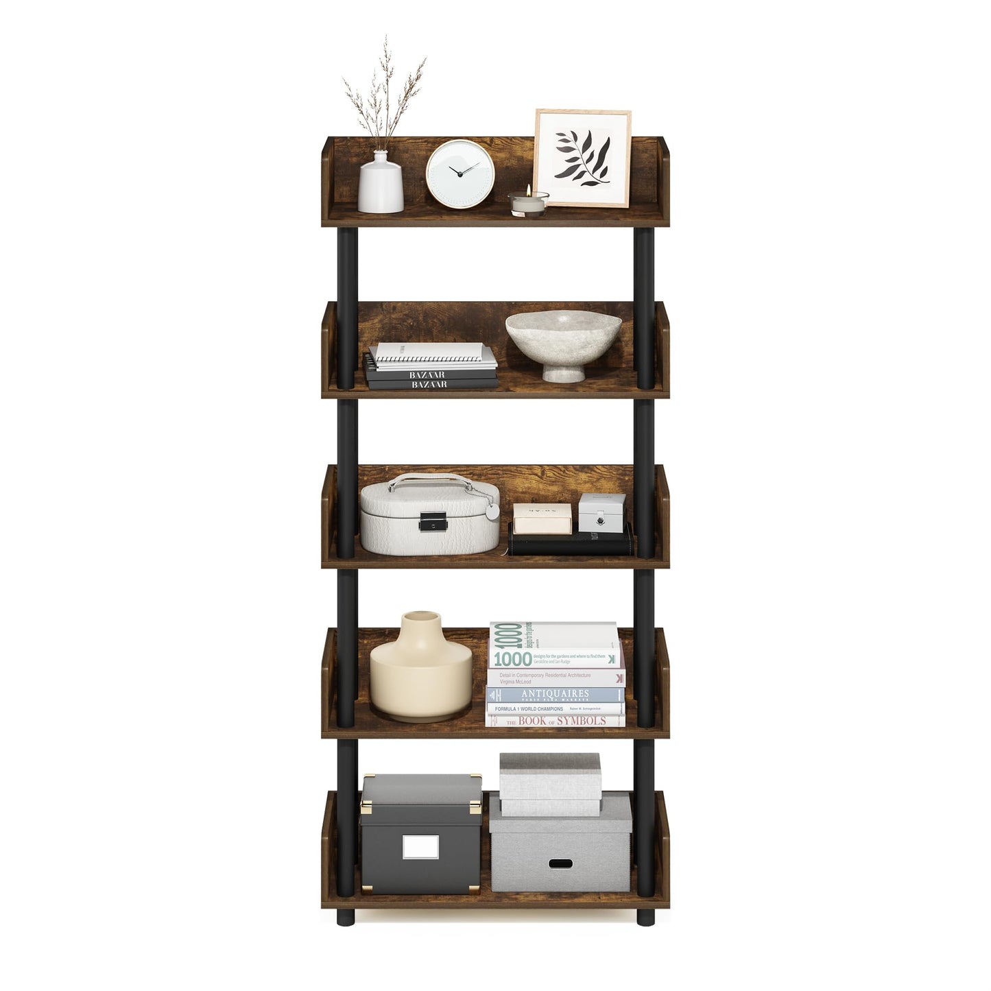 Furinno TURN-N-TUBE 5-Tier Display Shelf, Storage Shelves, Book Shelf, Open Shelves with Rounded Corner Top Edges, for Organization and Storage, Living Room, Home Office, Amber Pine