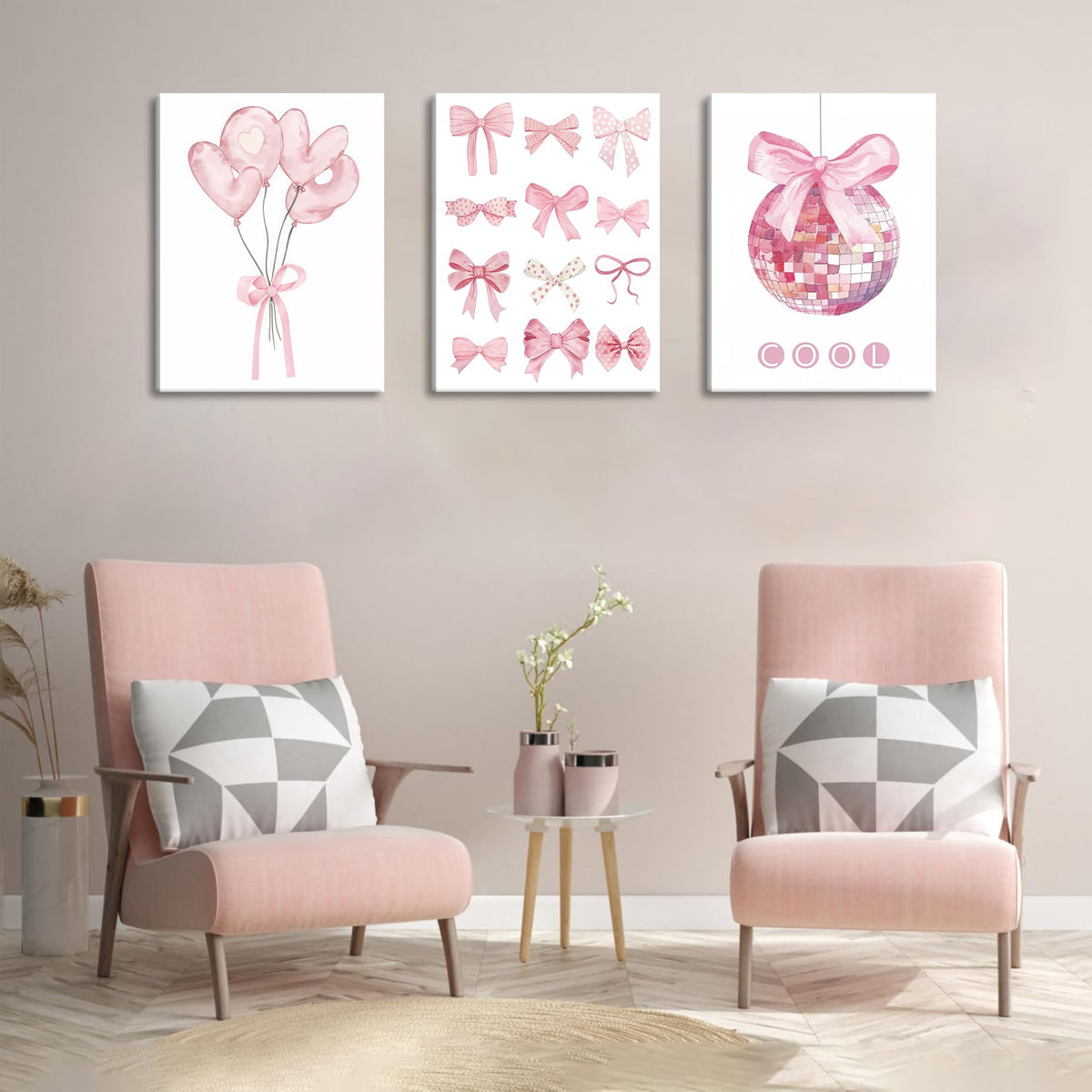Preppy Pink Bow Canvas Wall Art, Trendy Bows Coquette Room Wall Decor Paintings, Pink Girly Disco Aesthetic Posters Prints Pictures for Girls Dorm Bedroom 16x24 Inch Framed