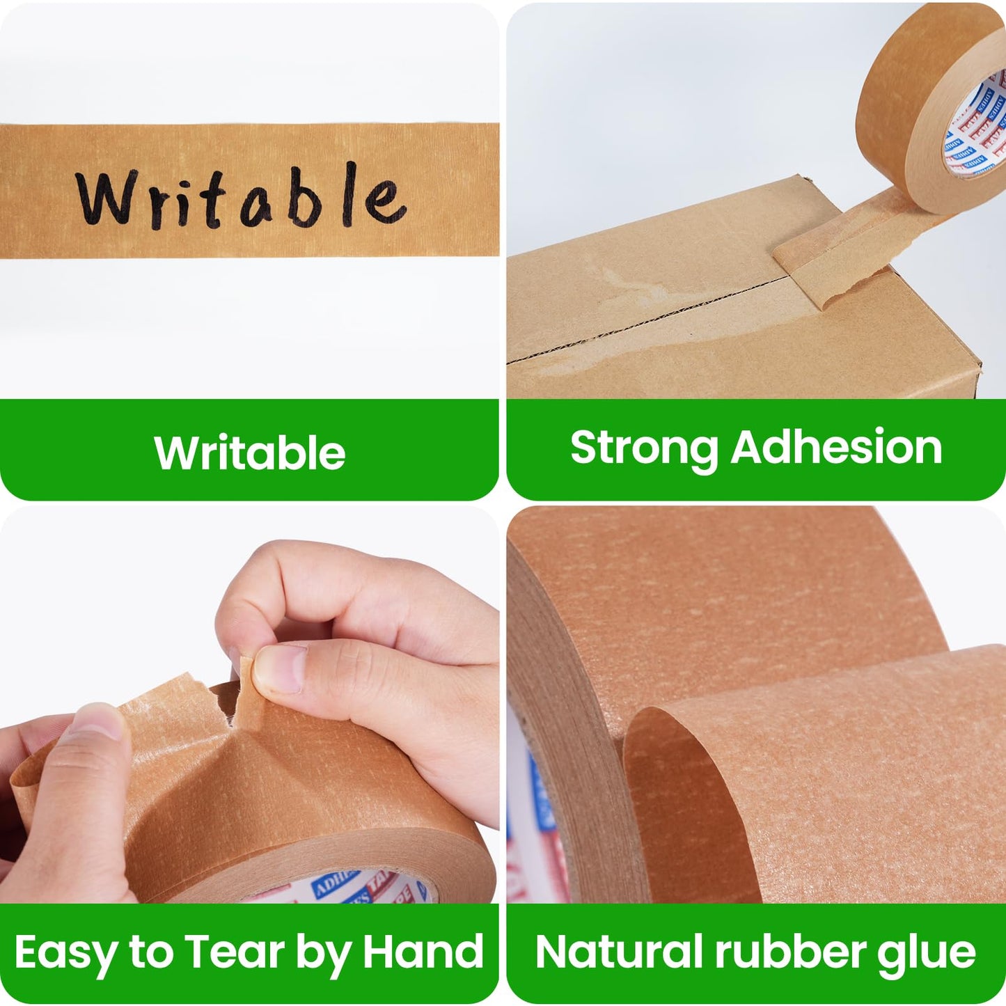ADHES Kraft Paper Tape, 2 Inch x 60 Yards x 3 Rolls, Biodegradable Paper Packing Tape Writable & Uncoated Brown Shipping Tape for Shipping, Moving, Sealing