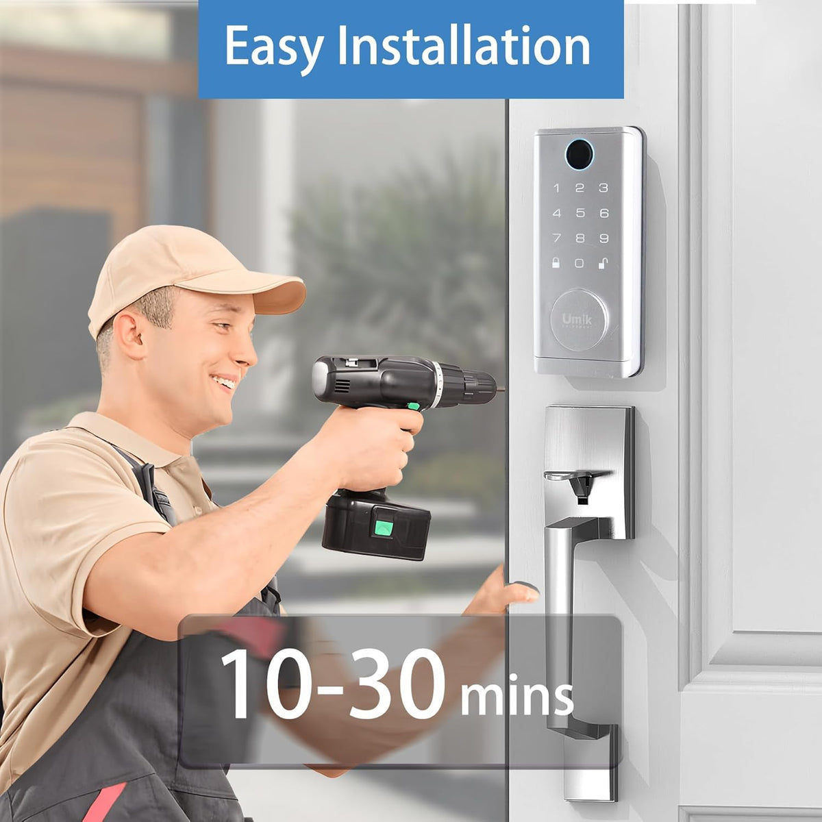 UMIKSMART Smart Door Lock with Handle 7 in 1 Keyless Entry Fingerprint Door Lock with Keypad IC Card Physical Key Tuya App Bluetooth Auto-Lock IP65 Waterproof for US Wooden Doors Matte Silver