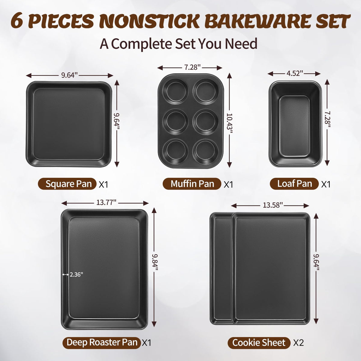 Baking Pans Set, Nonstick Bakeware Sets, Oven Pans for Cooking, AIVIKI 6 Pieces Baking Sheets Set Including Cookie Sheet, Deep Roaster Pan, Square Pan, Loaf Pan, Muffin Pan, Carbon Steel Baking Set
