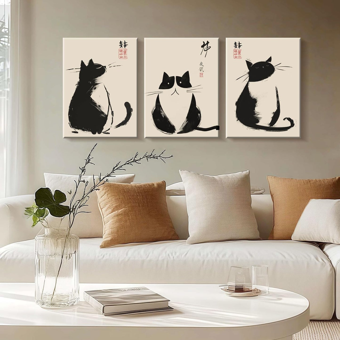 3Pcs Framed Black Cat Japanese Zen Ink Style Cute Funny Animal Wall Art Decor Canvas Print Picture Poster Gallery Bathroom Bedroom Living Room Office 12x16 Inch Ready to Hang