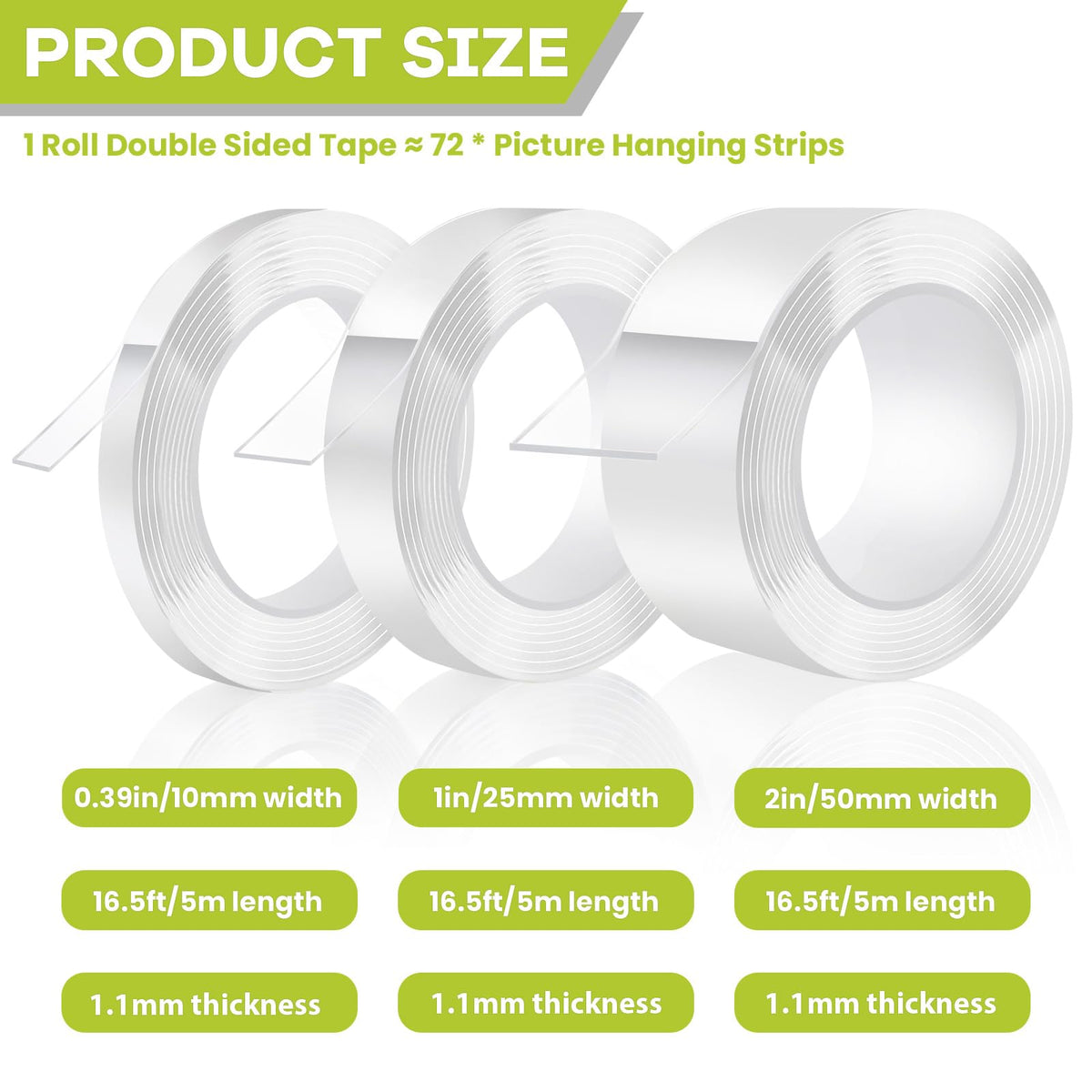 Double Sided Tape Heavy Duty, Removable Nano Double Sided Adhesive Tape, Clear Mounting Tape Picture Hanging Adhesive Strips Waterproof for Walls Photo Crafts Carpet Poster, 1" x 16.5FT