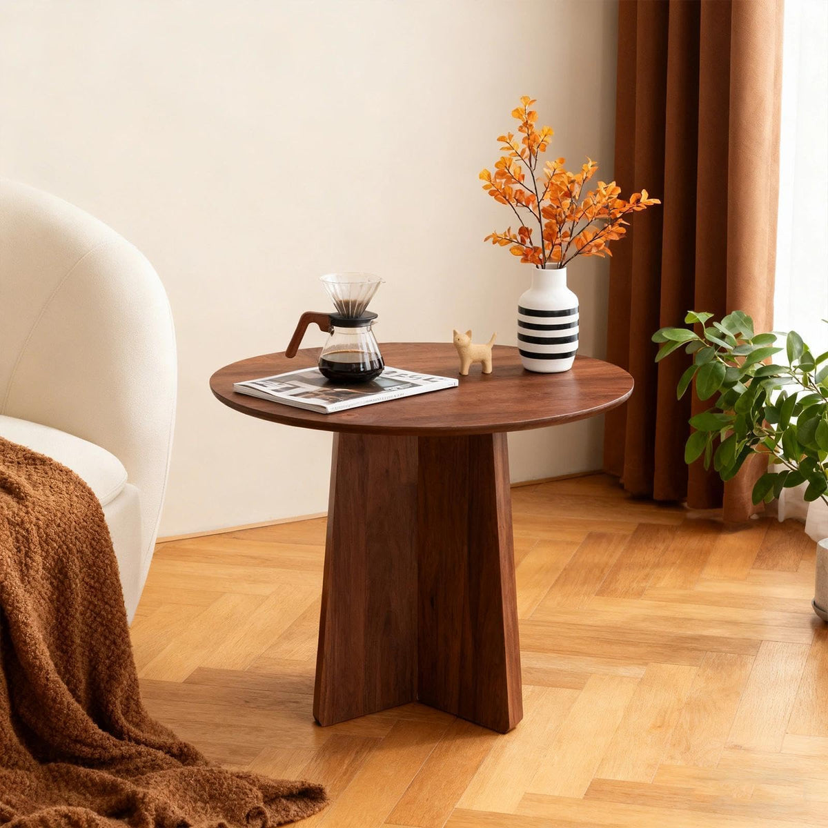 Wood Coffee End Table, Round Side Tables Living Room, Small End Tables for Small Spaces, Sofa, Bedroom, Bedside, Corner, Office, Nursery, Wooden Circle Side Table, Rustic Walnut 19.7 x 17.7 in