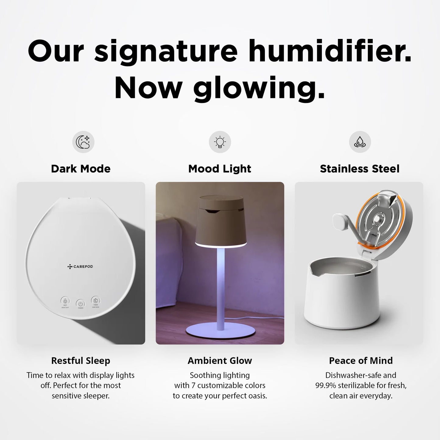 Carepod One Plus with Stand - Stainless Steel Humidifier for Large Room with Mood Light, Quiet & Safe for Baby, Only 3 Washable Parts, Easy to Clean Ultrasonic Cool Mist Humidifiers for 30Hrs, 1Gal/4L