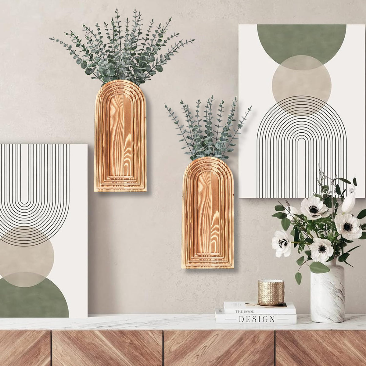 Dnnnii 2 Pack Wooden Wall Vase Set - Brown Finish Modern Farmhouse & Boho Wall Decor for Entryway, Hallway, Bathroom, Living Room, Dining Room, Narrow Spaces