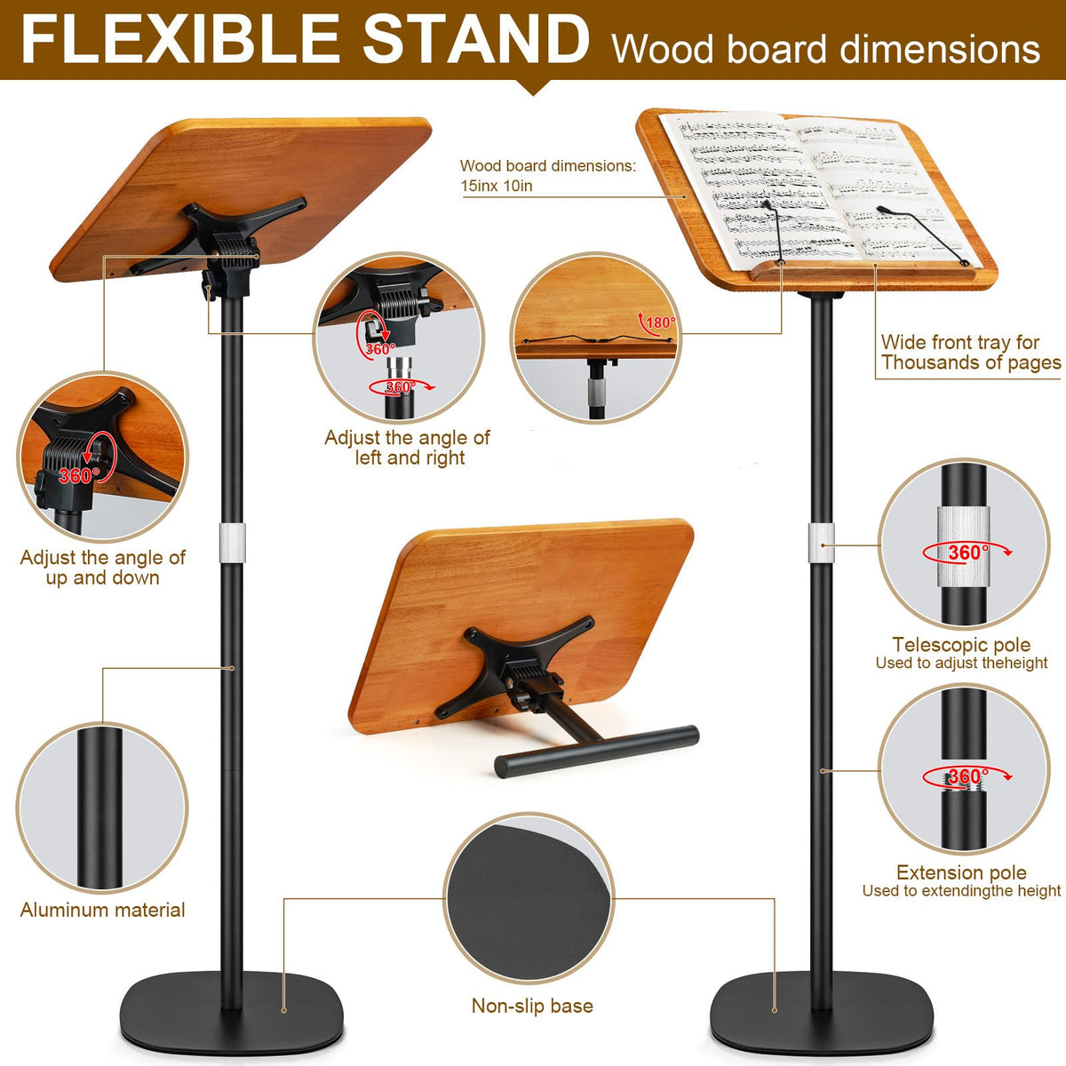2 in 1 Dual-use Music Stand & Desktop Book Stand, Adjustable Height 16.5"-51", 100% Solid Wood Laptop Floor Stand Book Holder with Page Clips for Cookbooks, Sheet Music (Brown)