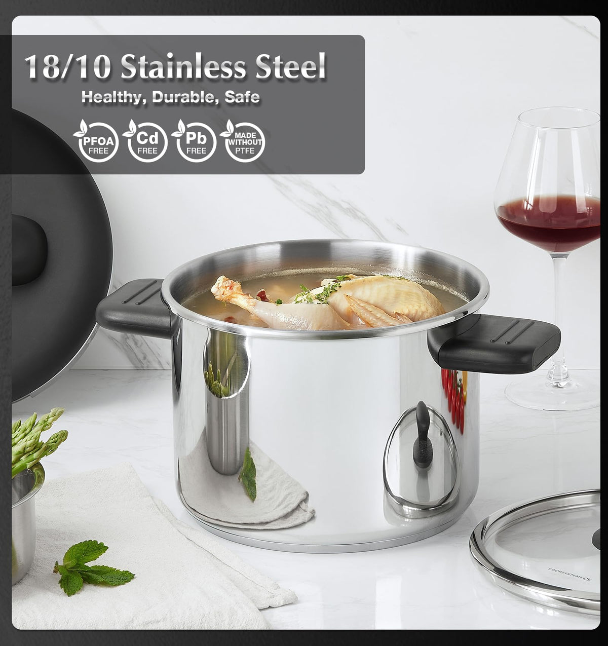 KOCH SYSTEME CS Stainless Steel Pressure Cooker 8.5QT, Olla de Presion, 18/10 Stainless Steel Pressure Cooker, Easy One-Press Lock, Stovetop Pressure Cookers, Induction Ready, Glass Lid & Steamer