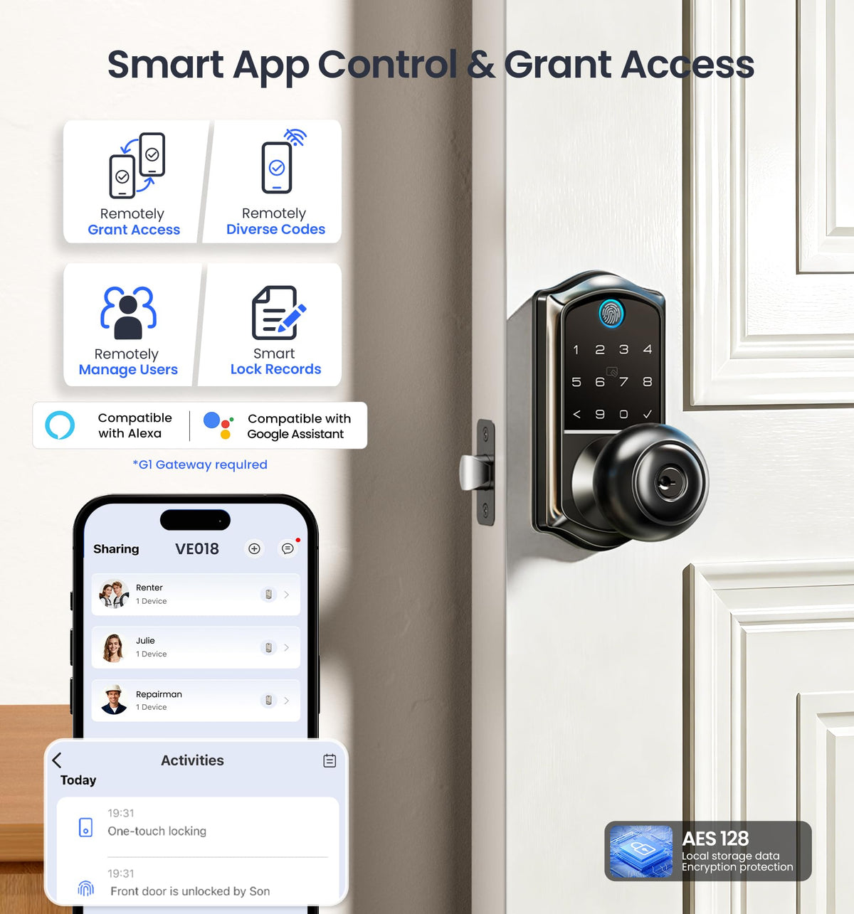 Veise VE018 Smart Knob Handle Lock - Fingerprint, App Control, Keyless Entry for Front Door and Bedroom, Electronic Digital Keypad, Auto Lock, Remote Access Sharing, IP55 Weatherproof, Matte Black