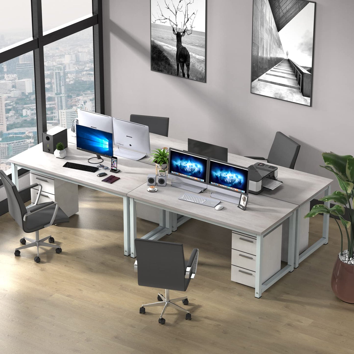 NSdirect 63" Large Computer Desk,Modern Simple Style PC Table Office Desk Wide Workstation for Study Writing,Gaming and Home Office,Extra 1" Thicker Wooden Tabletop and Black Metal Frame,Stone White