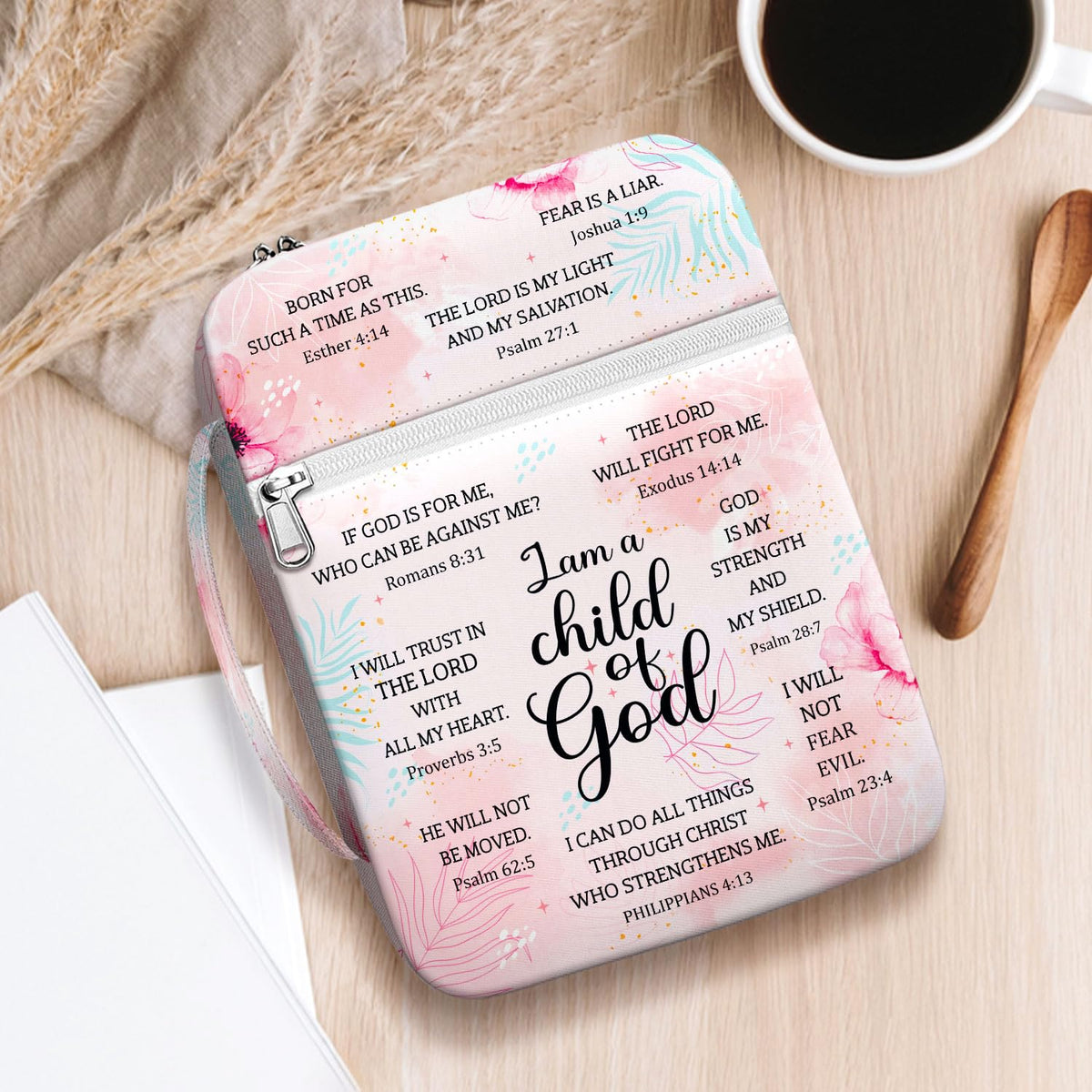 MYSMOR I Am A Child Of God Bible Cover for Women, Floral Scripture Bible Case with Handle and Zipper Pocket, Christian Bible Bag for Girls, Fits Standard Size, Church Gift for Faith and Prayer