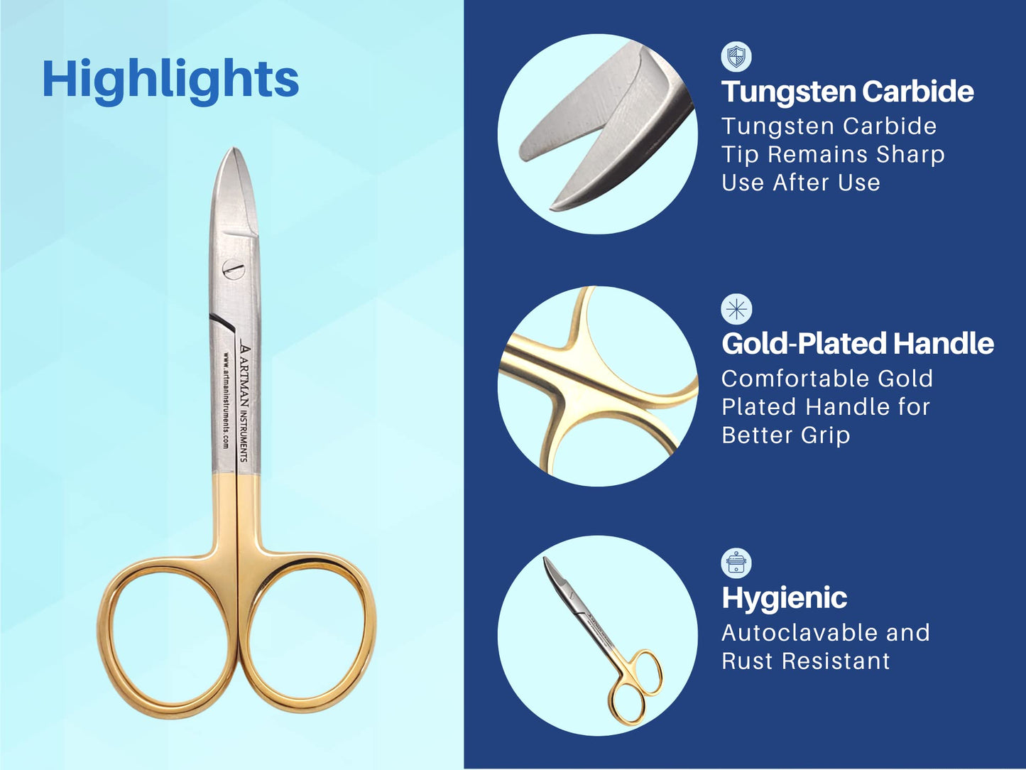 ARTMAN INSTRUMENTS Dental Crown Collar Cutting Scissors 4.25" Curved Scissors for Thin Metal, Plastic, Rubber Sheets - Stainless Steel with Gold Plated Handle for Dental, Craft, and Art Projects