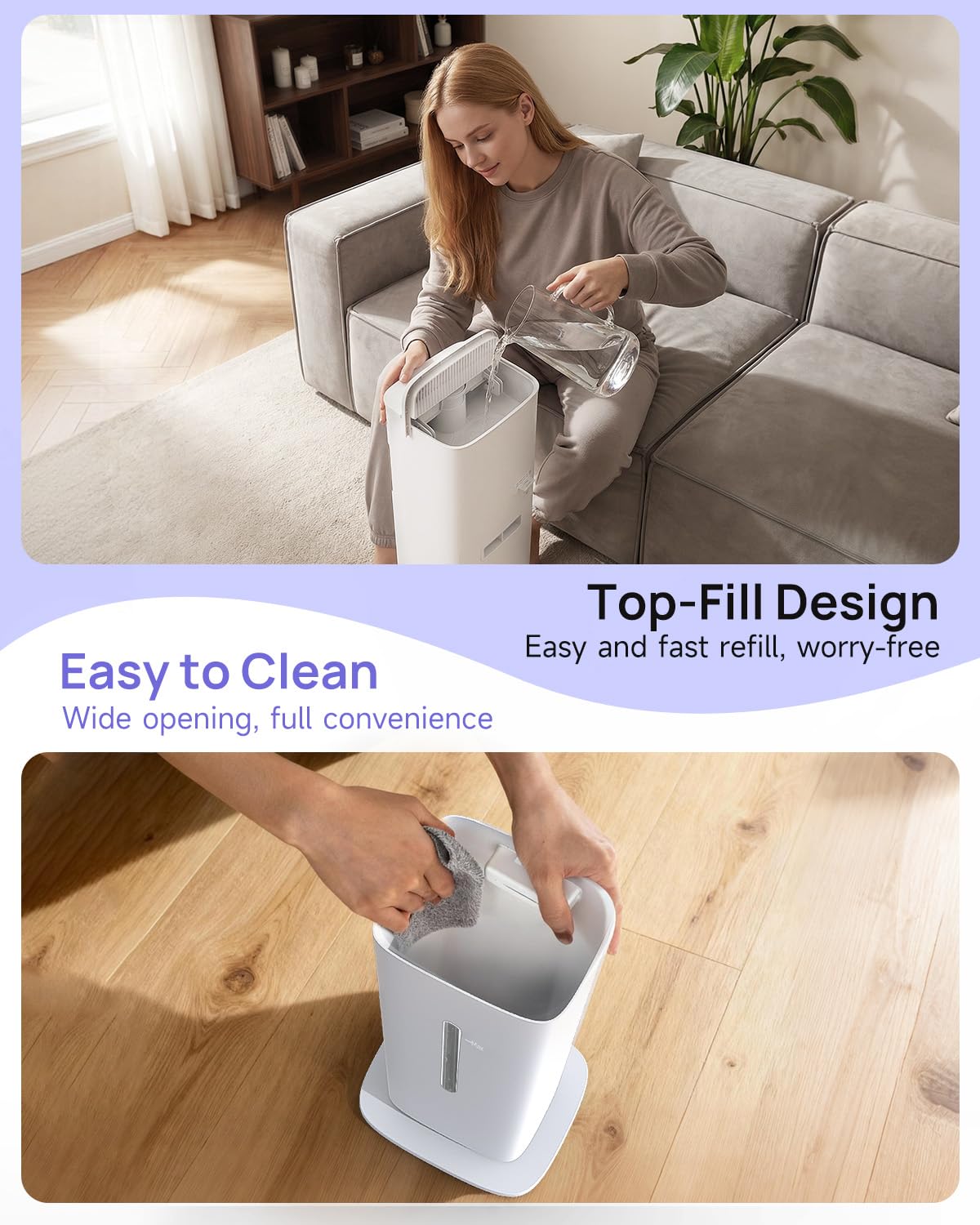 Akacozie Humidifier Large Room, 2.1Gal/8L Cool Mist Humidifiers for Bedroom 500 sq ft, Humidifiers for Home with Essential Oil Diffuser, Top Fill Quiet Humidifier for Baby Nursery Office Plants, White