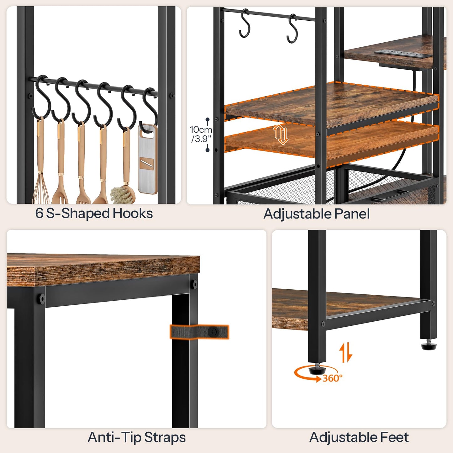 HOOBRO Bakers Rack with Mini Fridge Stand, Microwave Stand with Movable Basket, 3-Tiers Coffee Bar Station with Power Outlet, Kitchen Storage Shelf for Kitchen, Dorm, Rustic Brown and Black BF38UHB01