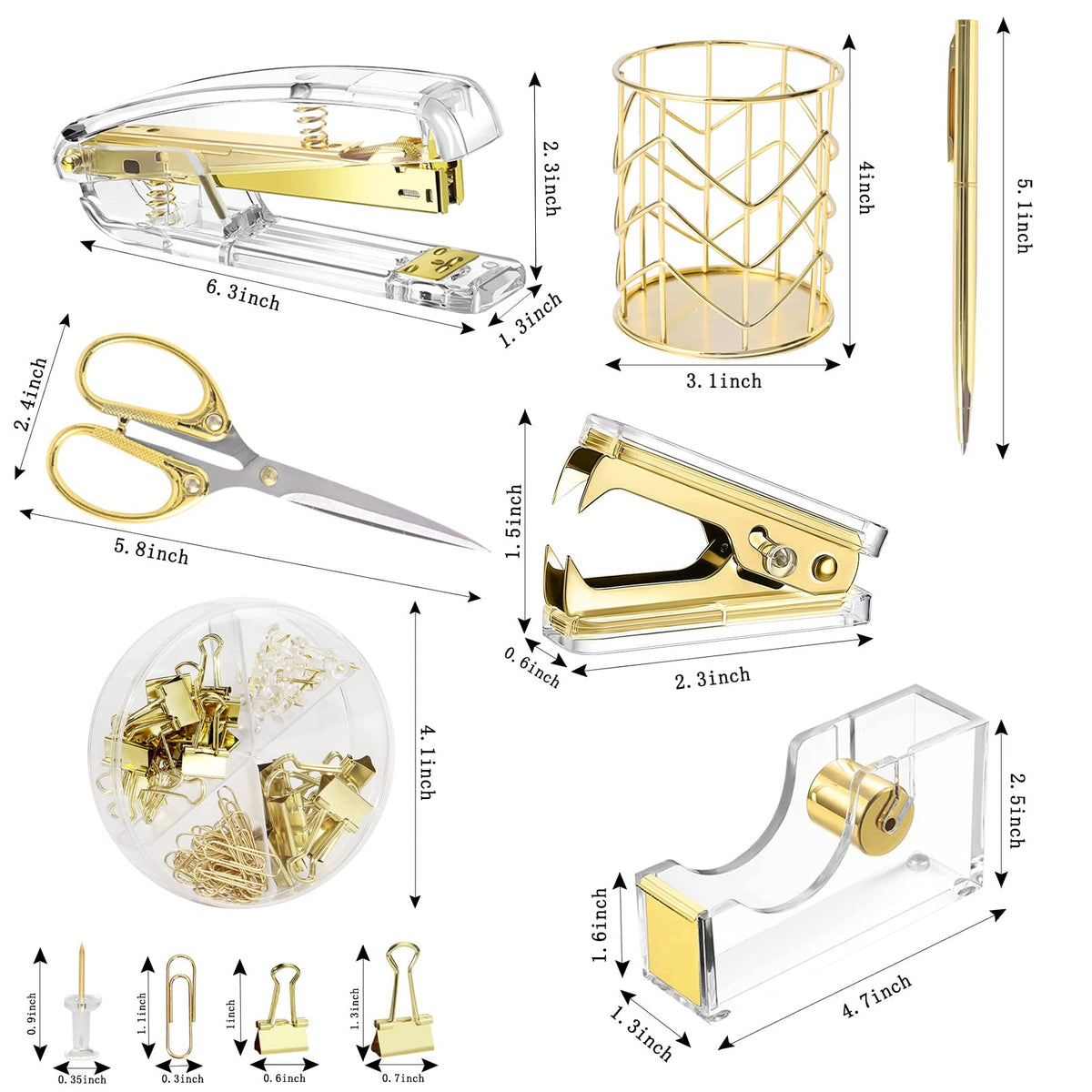 Famassi Gold Desk Accessories，Office Supplies Set Acrylic Stapler Set Staple Remover, Tape/Pen Holder, 2 Ballpoint Pen, Scissor, Binder/Paper Clips and 1000pcs Staples.