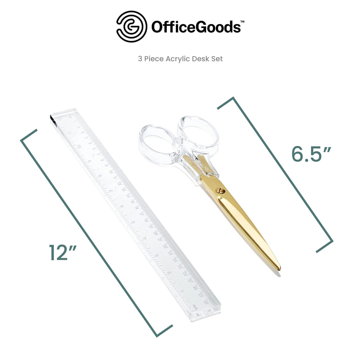 OfficeGoods 3 Piece Acrylic Desk Set - Includes Ruler, Staple Remover, Scissors - Functional & Elegant Desk Accessories - Stationary Tools for Home, Office, and School - Gold
