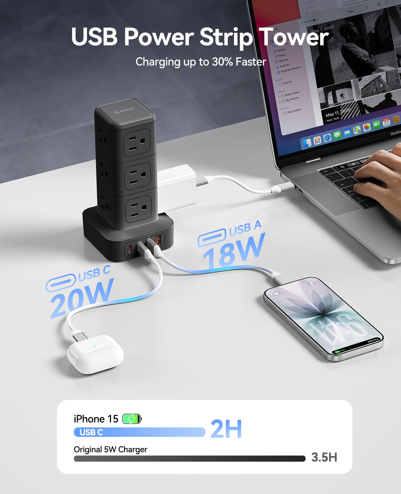 ORICO Tower Power Strip with Surge Protection, Charging Station Tower with 12 AC Outlets 4 USB Ports (2 USB C), Space Saving Design, 5FT Tower Extension Cord for Home, Office, Dorm - TPP20