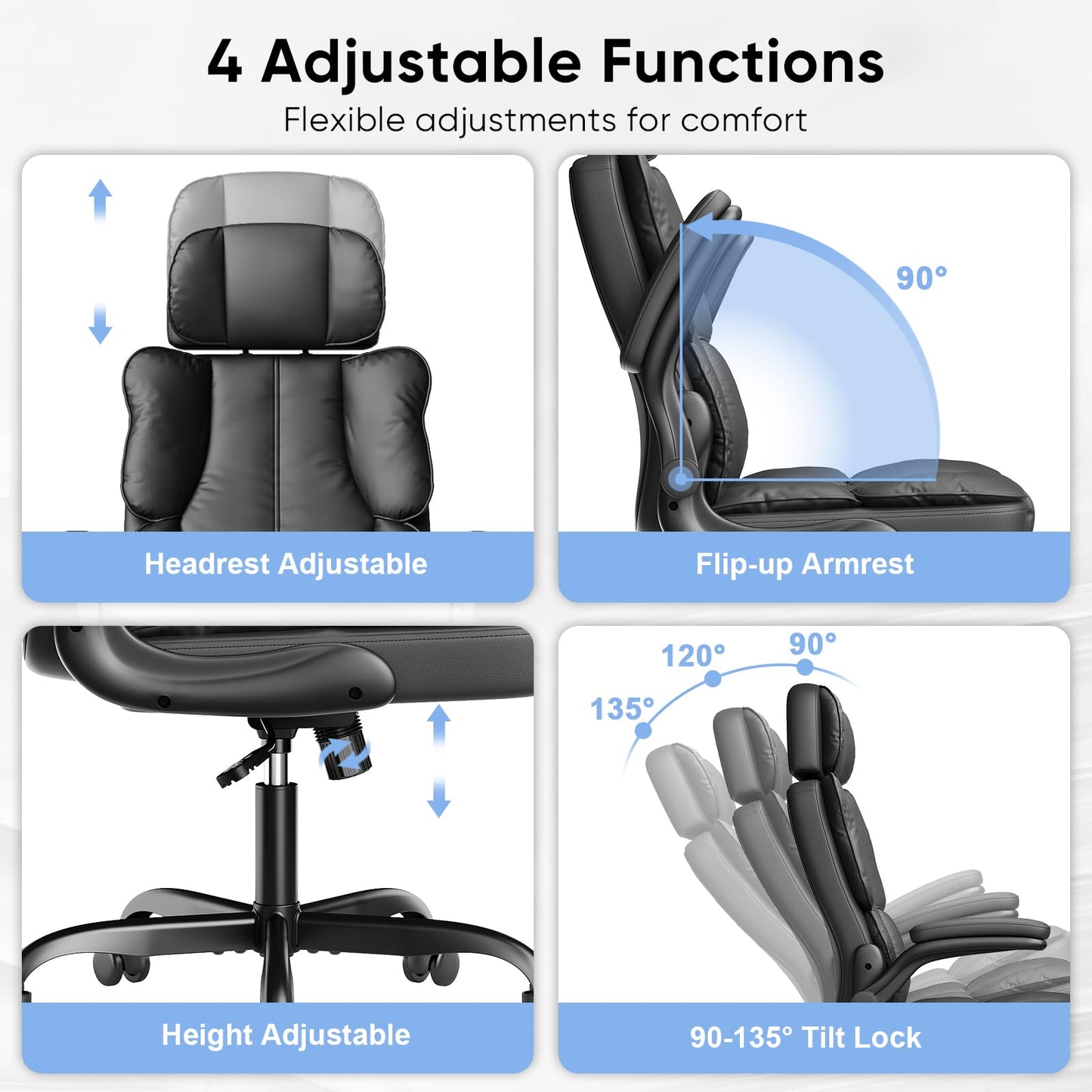 Kensaker Ergonomic Executive Office Chair with Adjustable Headrest & 90° Flip-Up Arms, High Back PU Leather Computer Desk Chair with 135° Rocking & Double Padding for Home Office Comfort, Black