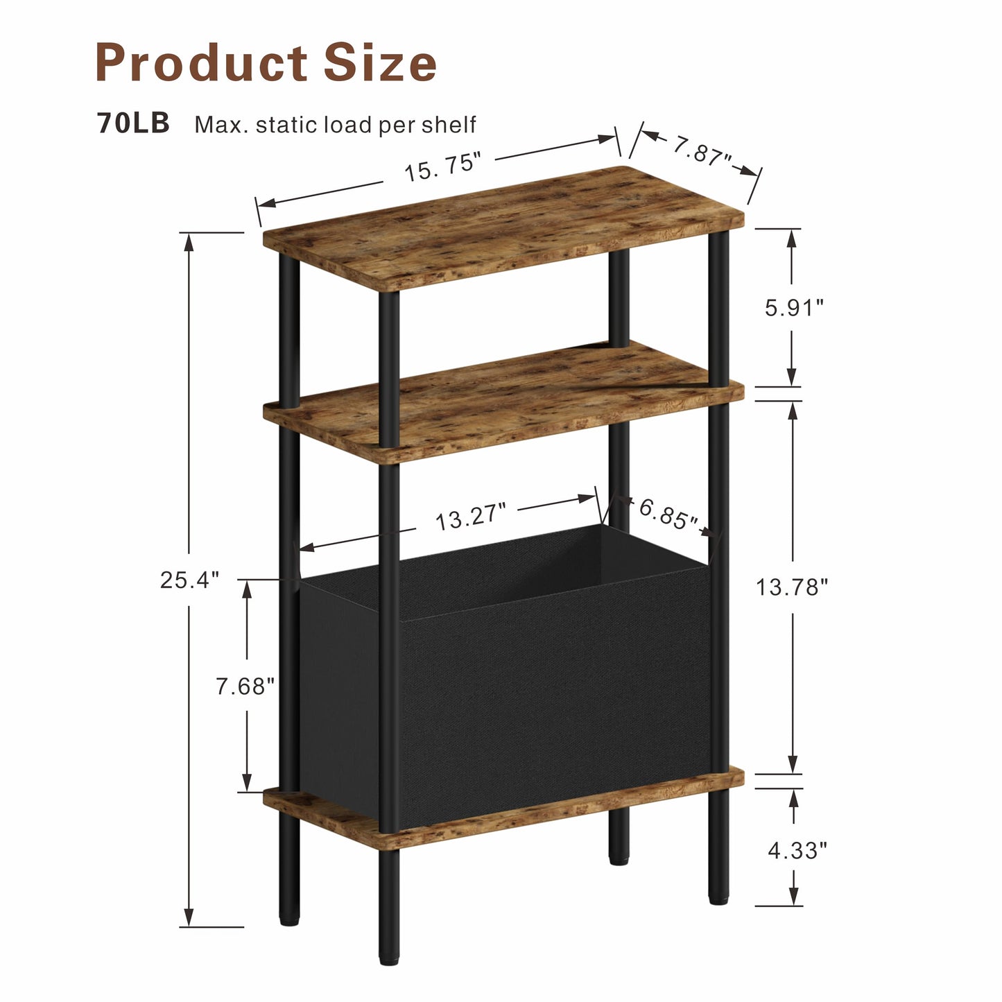 Newmics Narrow Side Table with Fabric Basket, End Table for Small Spaces, Slim Nightstand with 3-Tier Storage Shelf, Sofa Beside Table, for Living Room, Bed Room, Rustic Brown