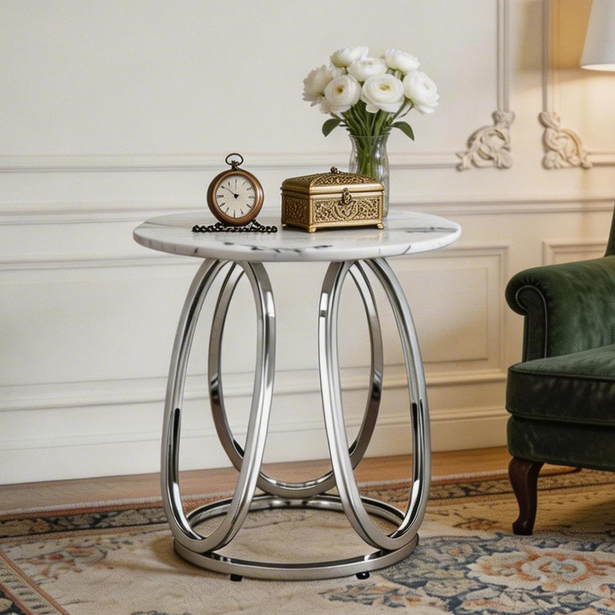 O&K FURNITURE Silver End Table, Round Side Table with Faux Marble Veins, Modern Nightstand for Bedroom, Living Room, Home Office, 1PC