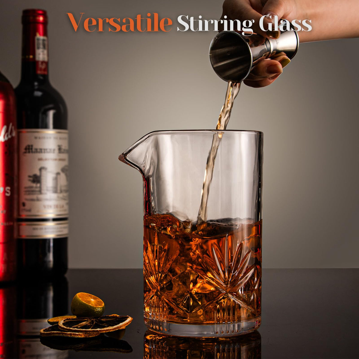 Cocktail Mixing Glass, veecom 18oz Crystal Bartender Kit, 5 Piece Bar Mixing Glass Old Fashioned Cocktail Kit with Strainer, Muddler, Spoon, Jigger, Cocktail Mixer