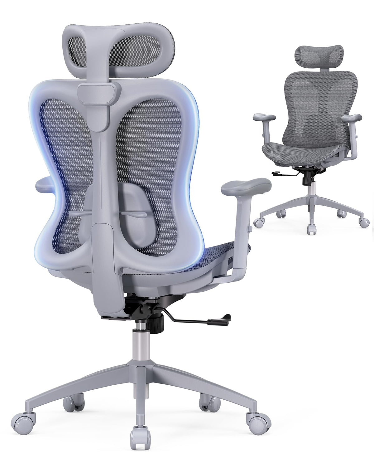 amseatec Ergonomic Office Desk Chair, Comfortable Computer Gaming Chair, Breathable Mesh Back & Seat, Adjustable Armrest & Headrest, Lumbar Support, Butterfly Design for Home Office, Gray